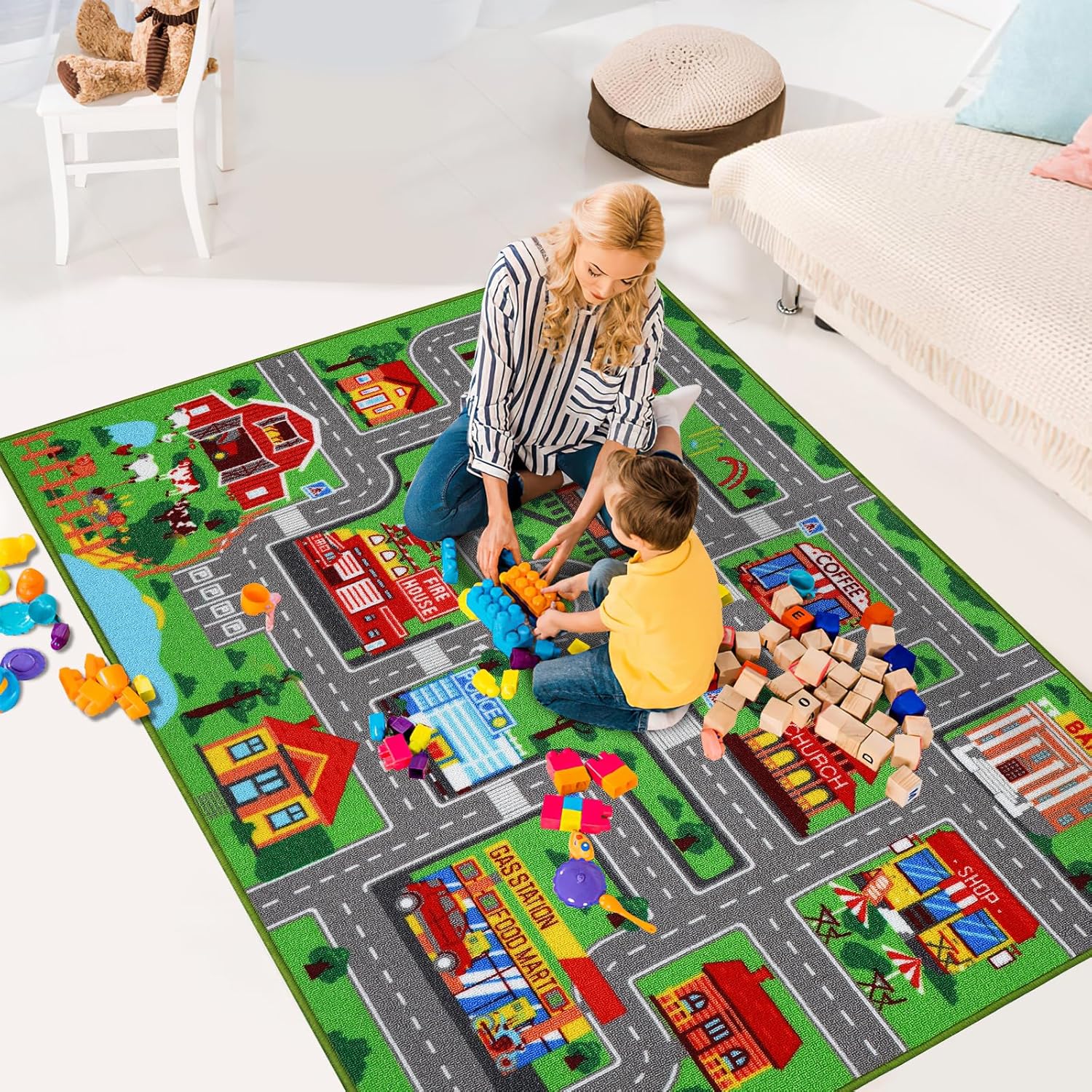 Alfombra de juego para niños, alfombra de 59 x 39.4 pulgadas, alfombra de automóvil antideslizante para automóviles para niños, alfombra para niños