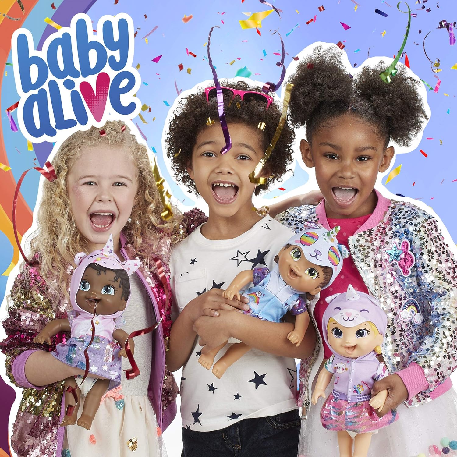 Baby Alive Muñeca Tinycorns, unicornio, accesorios, bebidas, húmedas, juguete de pelo negro para niños a partir de 3 años