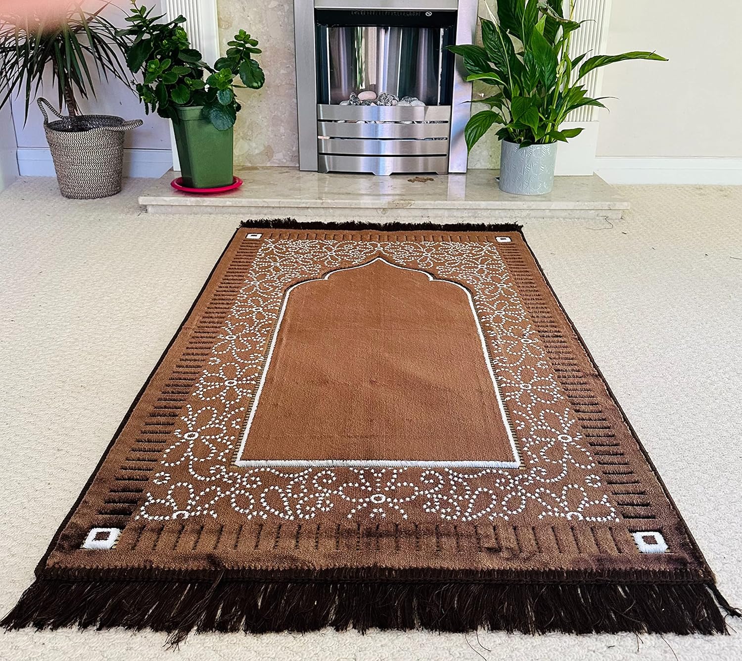 Mihrab – Tapete de oración de terciopelo de lujo con estampado, 26.46 oz, peso  Fabricado en Turquía (café)
