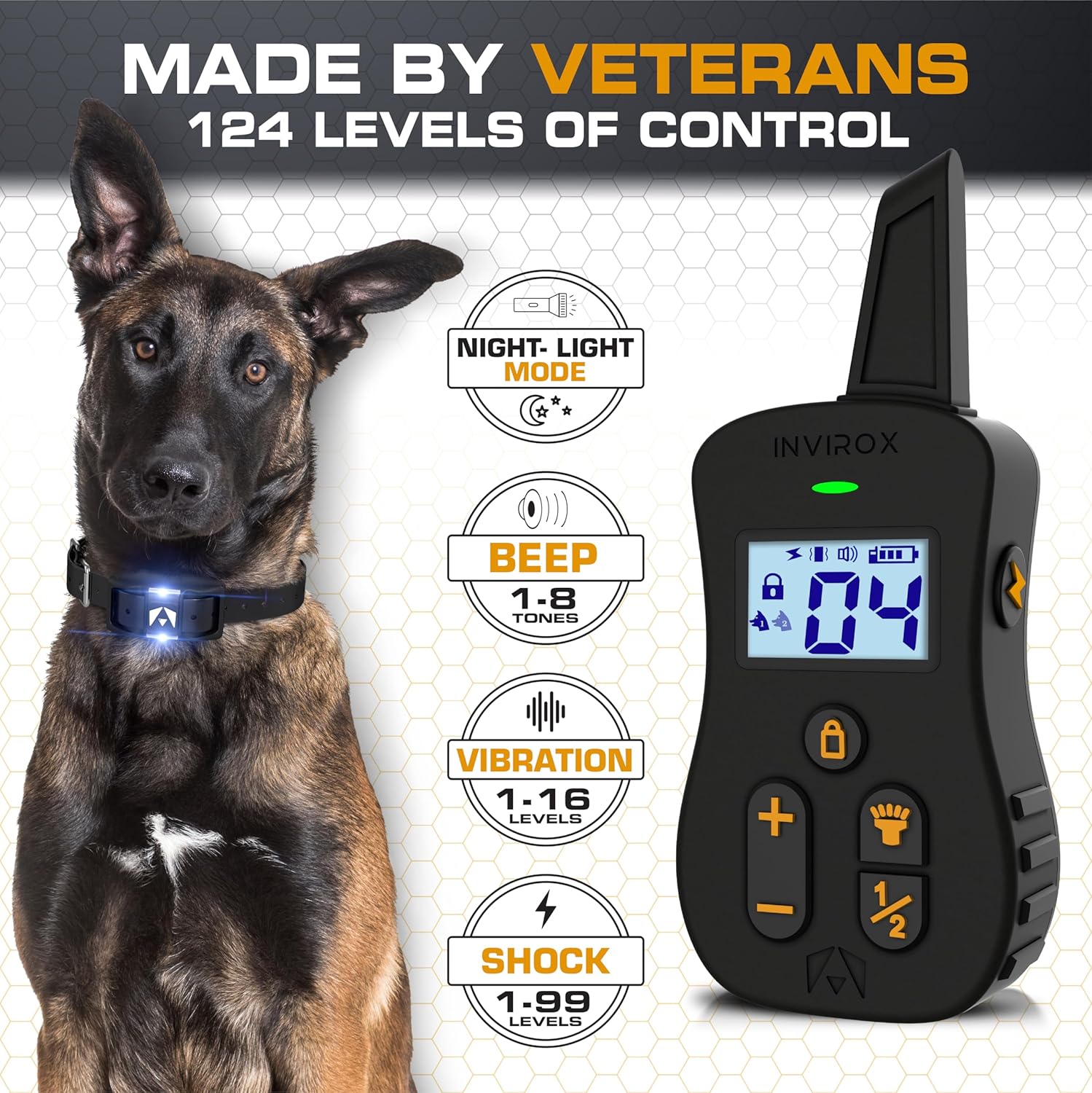 INVIROX Collar de choque para perros Ultra K9 124 niveles de entrenamiento, 4 modos potentes con luz nocturna y rango de  de milla, collar de