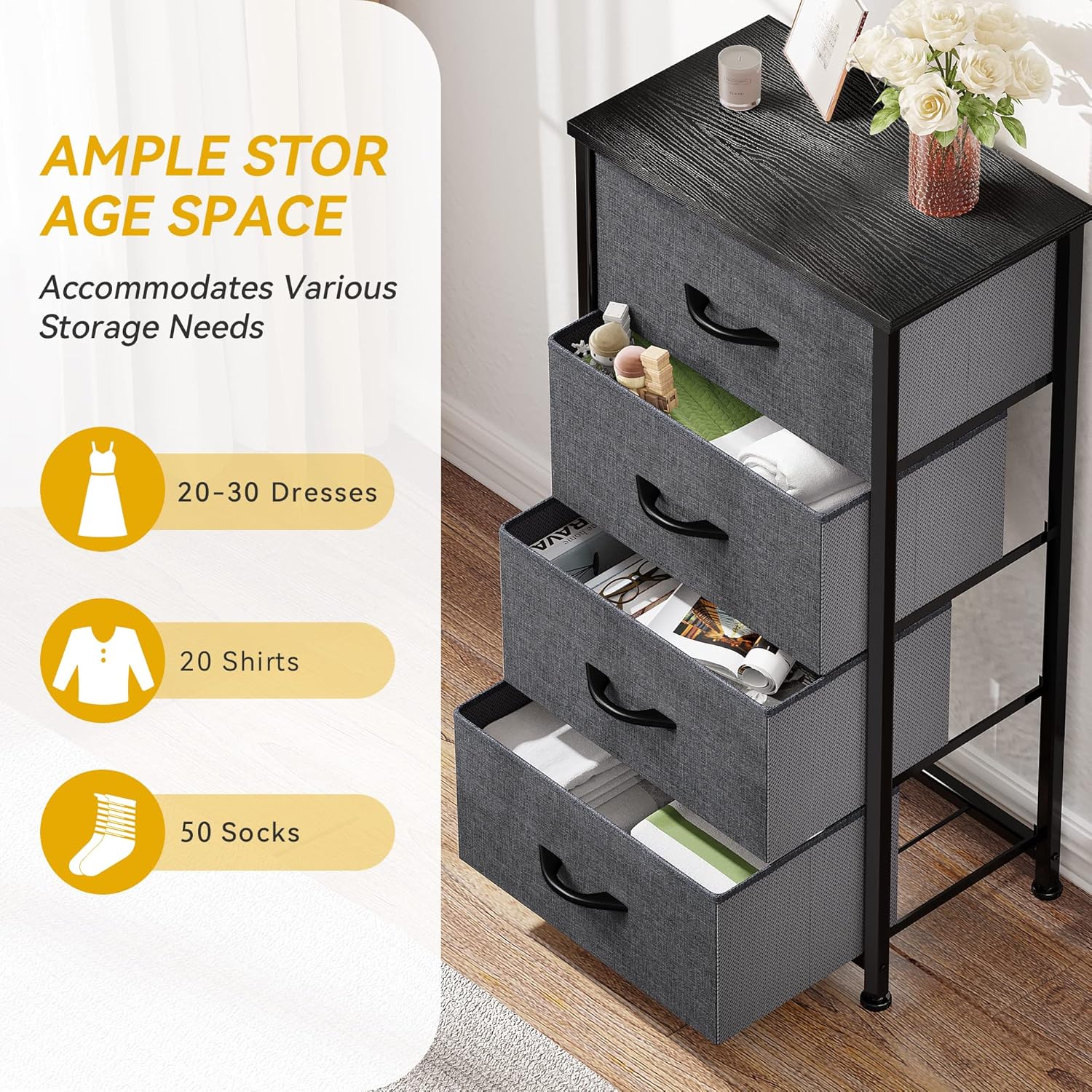 DWVO Torre de almacenamiento con 4 cajones, cómoda de tela, unidad organizadora para dormitorio, sala de estar, armarios, marco de acero resistente,
