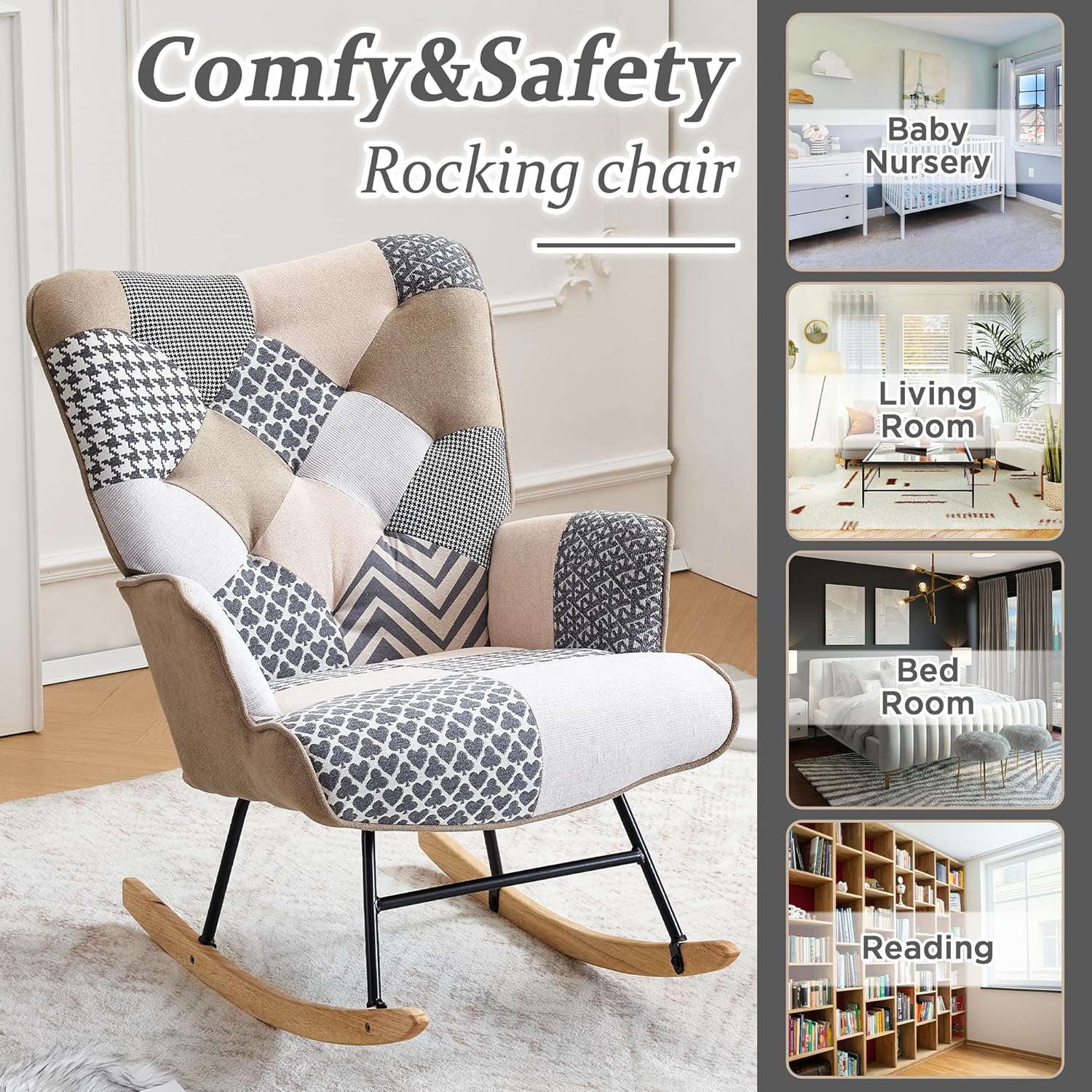 Dorlicecass Mecedora con respaldo alto, cómoda silla deslizante para guardería con patas de madera, sala de estar, dormitorio, apartamento