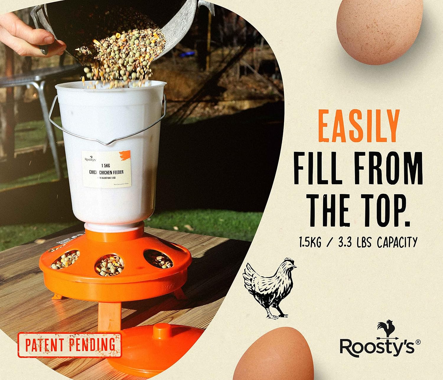 Roosty’s – 2 comederos para pollitos de 3.3 lbs de llenado superior y bebedero para pollos de 1,5 l – Comederos y bebederos de pollo  Comedero
