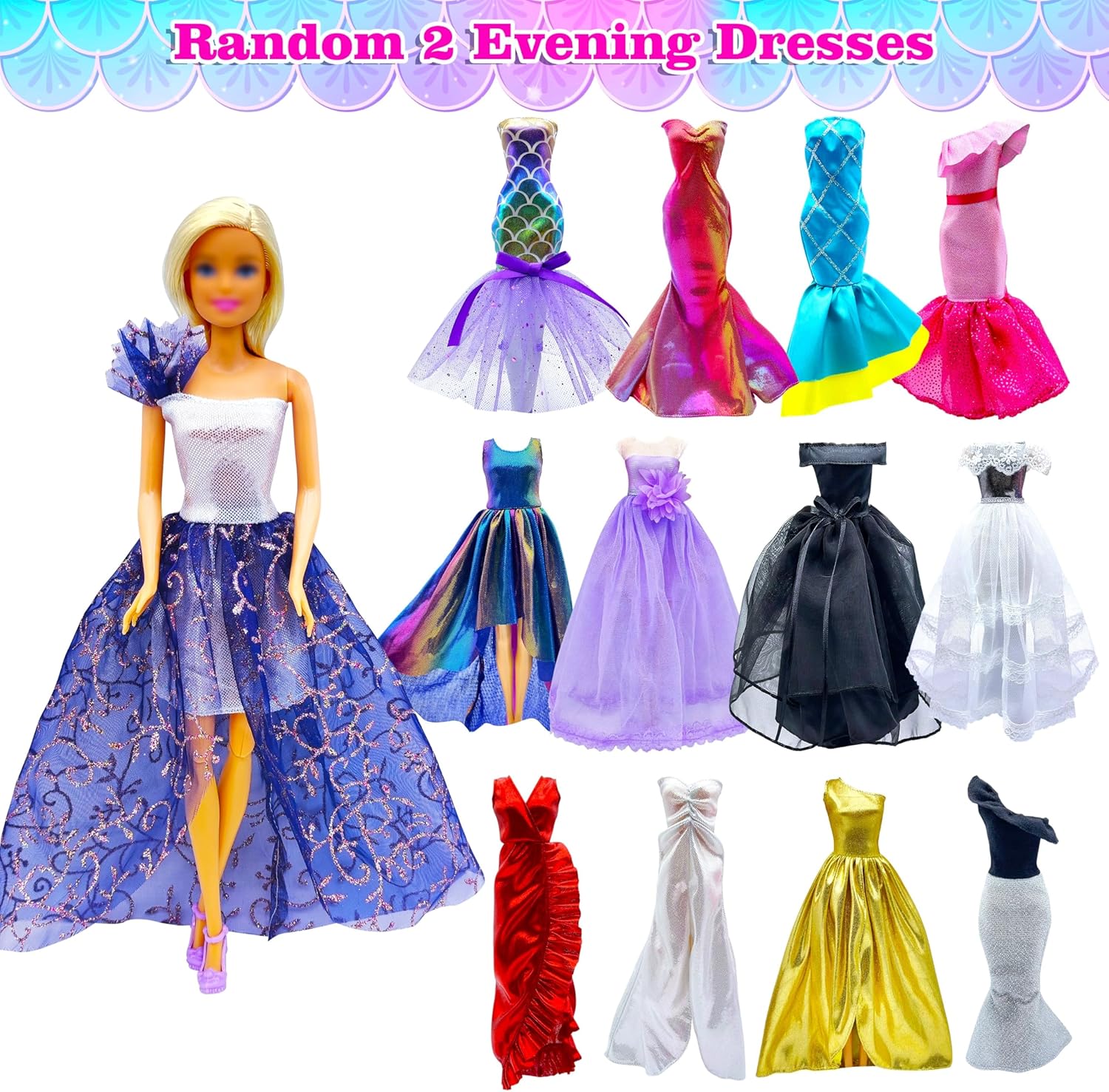 Style Shine Paquete de 50 ropa y accesorios para muñecas, 4 vestidos de boda, 2 vestidos de noche, 6 vestidos de moda, 6 conjuntos de trajes