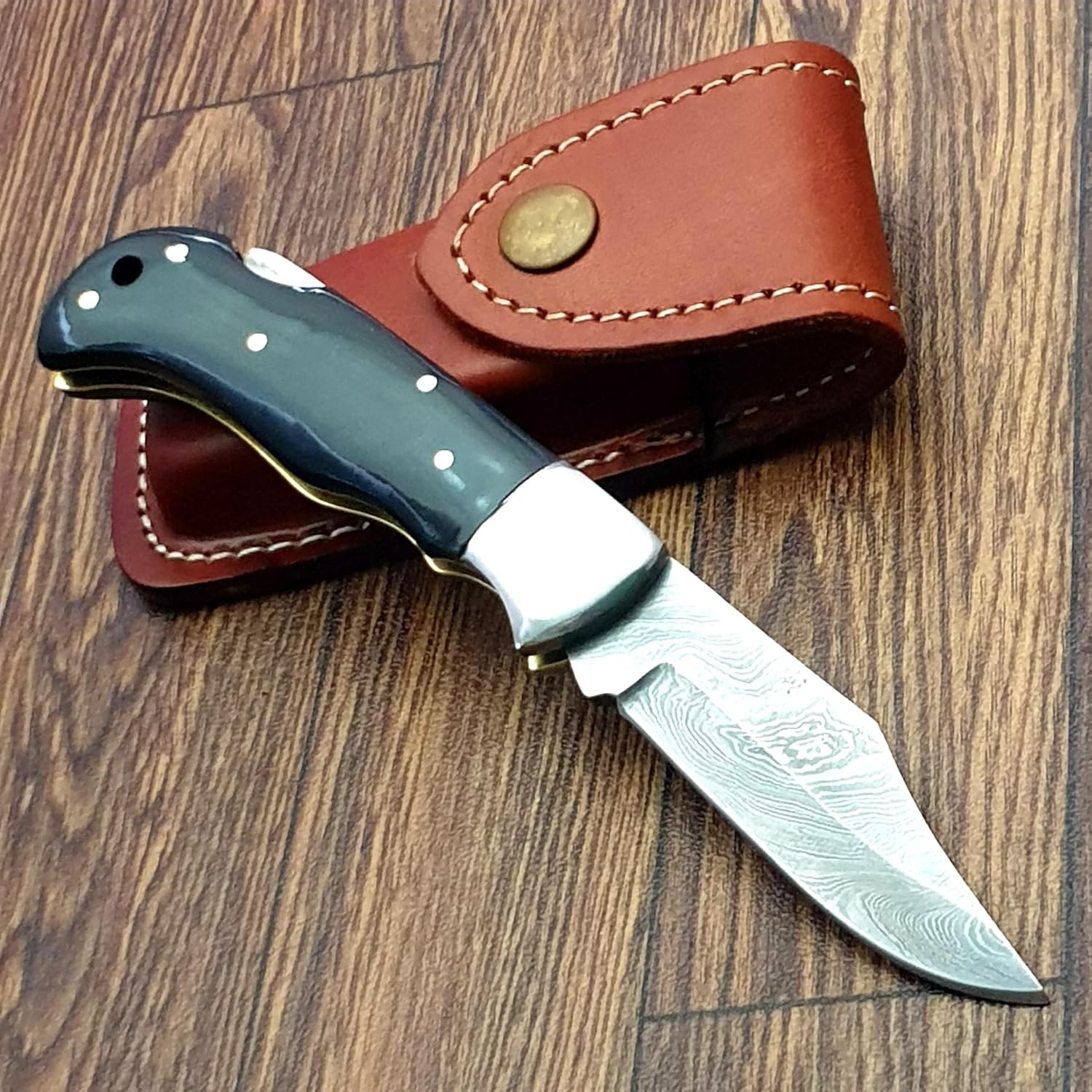 FZ-05 Cuchillo de bolsillo de Damasco hecho a mano para hombres  Cuchillo plegable con bloqueo de revestimiento  Cuchillo de bushcraft para pesca,