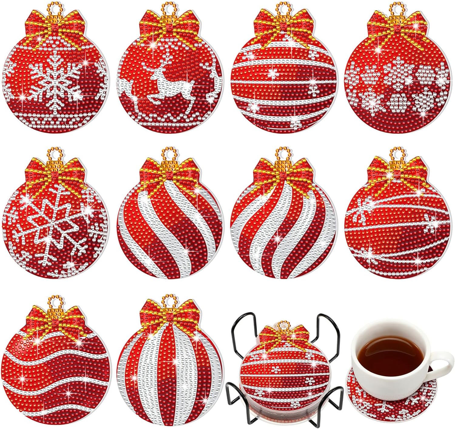 10 posavasos de bola de Navidad con diamantes para manualidades, bola de Navidad, pintura de diamante, posavasos de diamante 5D, posavasos de