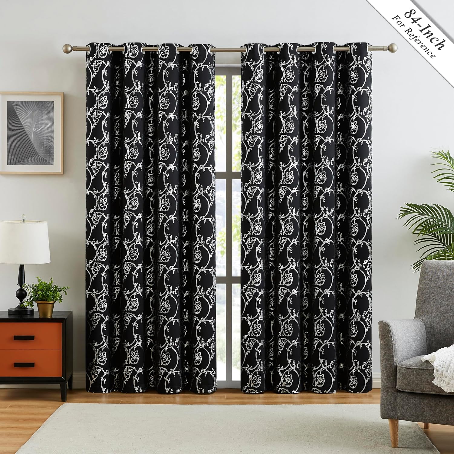 Enactex Cortinas opacas de 95 pulgadas de largo para sala de estar, cortinas de oscurecimiento de habitación con ojales y patrón floral plateado,
