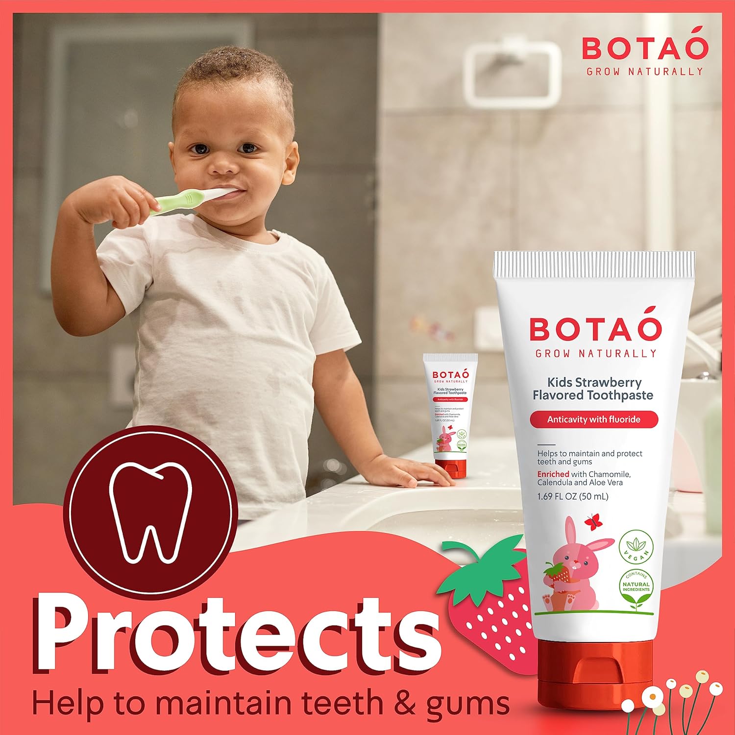 Pasta de dientes para niños, pasta dental anticaries con flúor natural con sabor a fresa, máxima protección de caries, verificada por EWG, vegana,