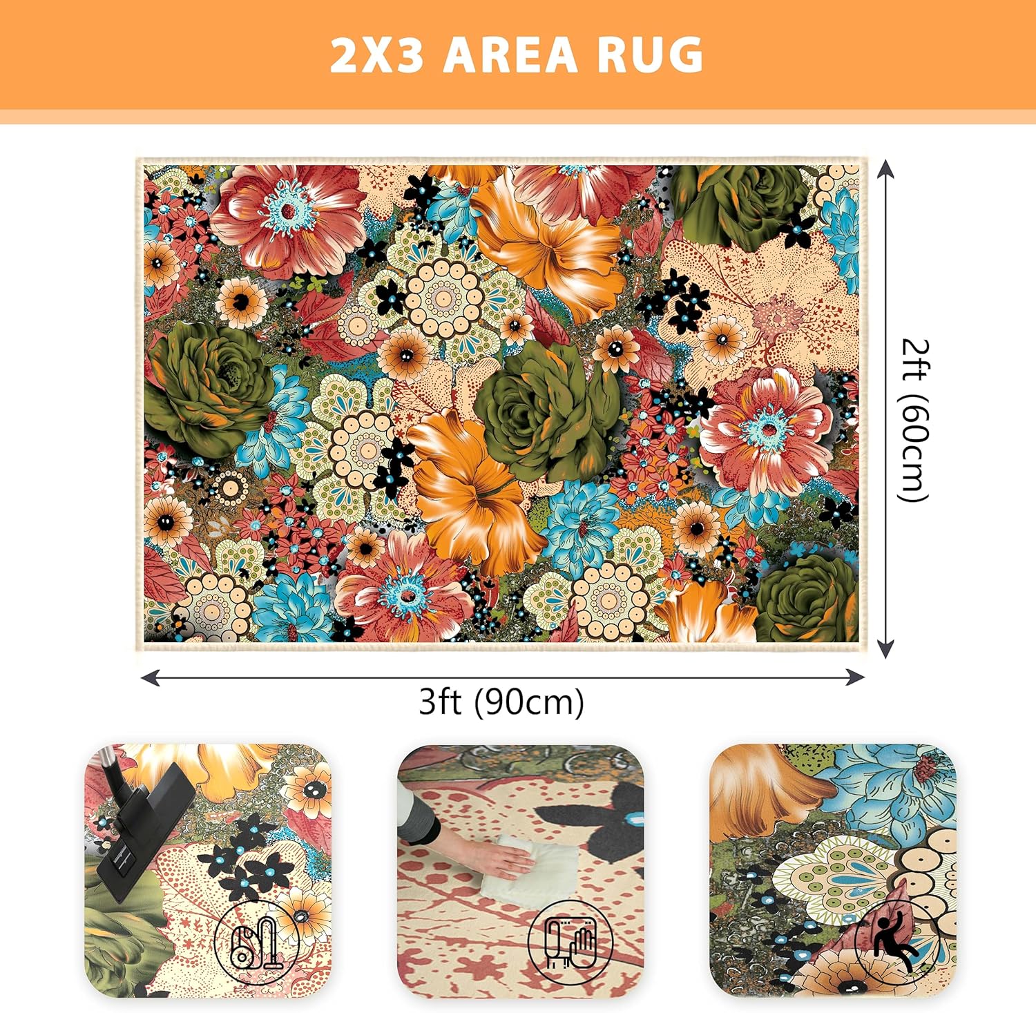 keensoft Alfombra de área floral colorida de 2 x 3 pies, tapete retro de flores bohemias, antideslizantes, lavables a máquina, alfombras pequeñas,