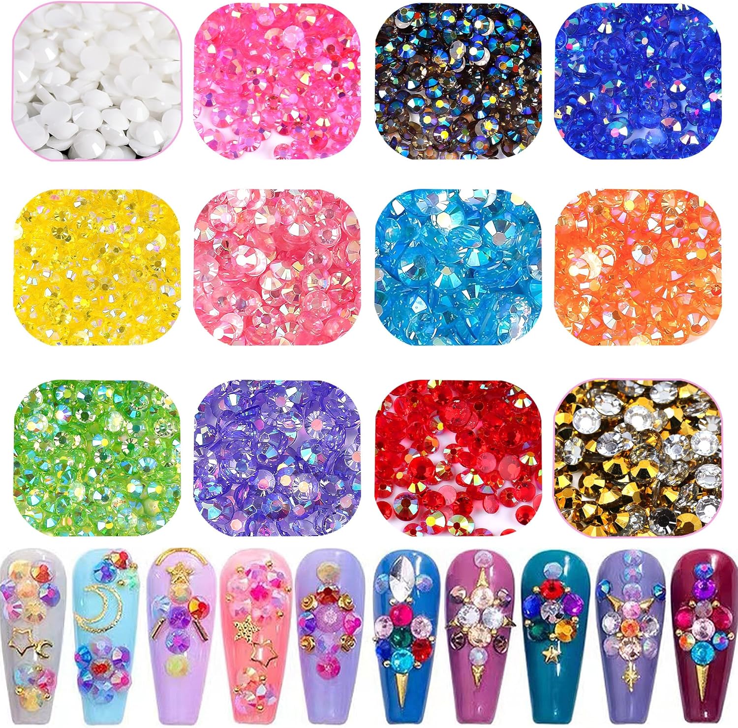 RODAKY 6000 diamantes de imitación de resina blanca gelatina con parte trasera plana para uñas, diamantes de imitación de cristal de gelatina de