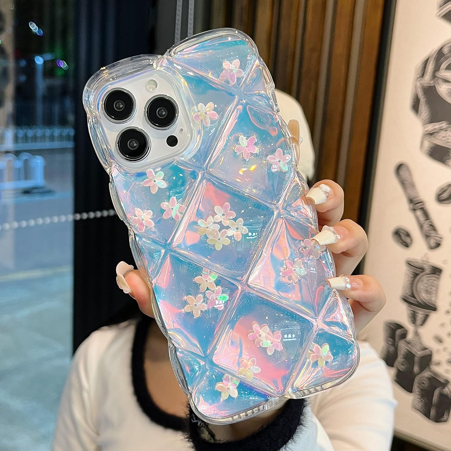 Qokey Funda para iPhone 14 Pro, bonita funda transparente con purpurina gradual láser + tarjeta translúcida marco ondulado suave anticaídas, borde