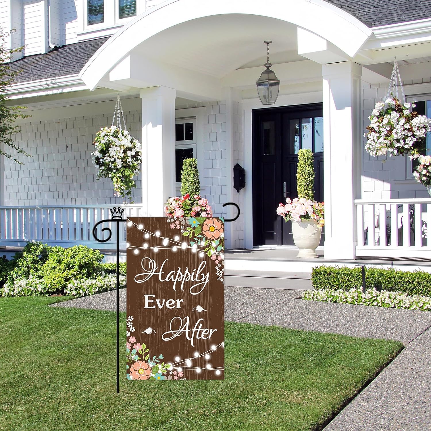 Mokonate Bandera de jardín con texto en inglés “Happily Ever After”, decoración de 12 x 20 pulgadas, doble cara para exteriores, novia, novio, boda,