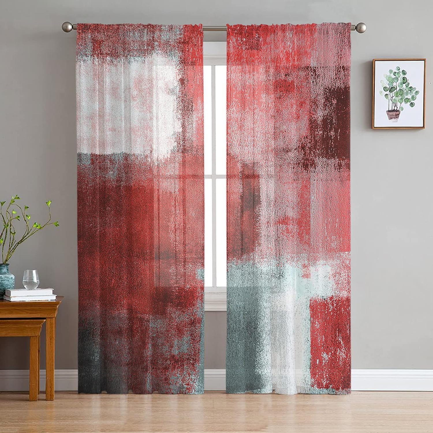 Juego de 2 paneles de cortinas traslúcidas color rojo y gris de 63 pulgadas de largo, cortinas semitransparentes geométricas de pintura al óleo para