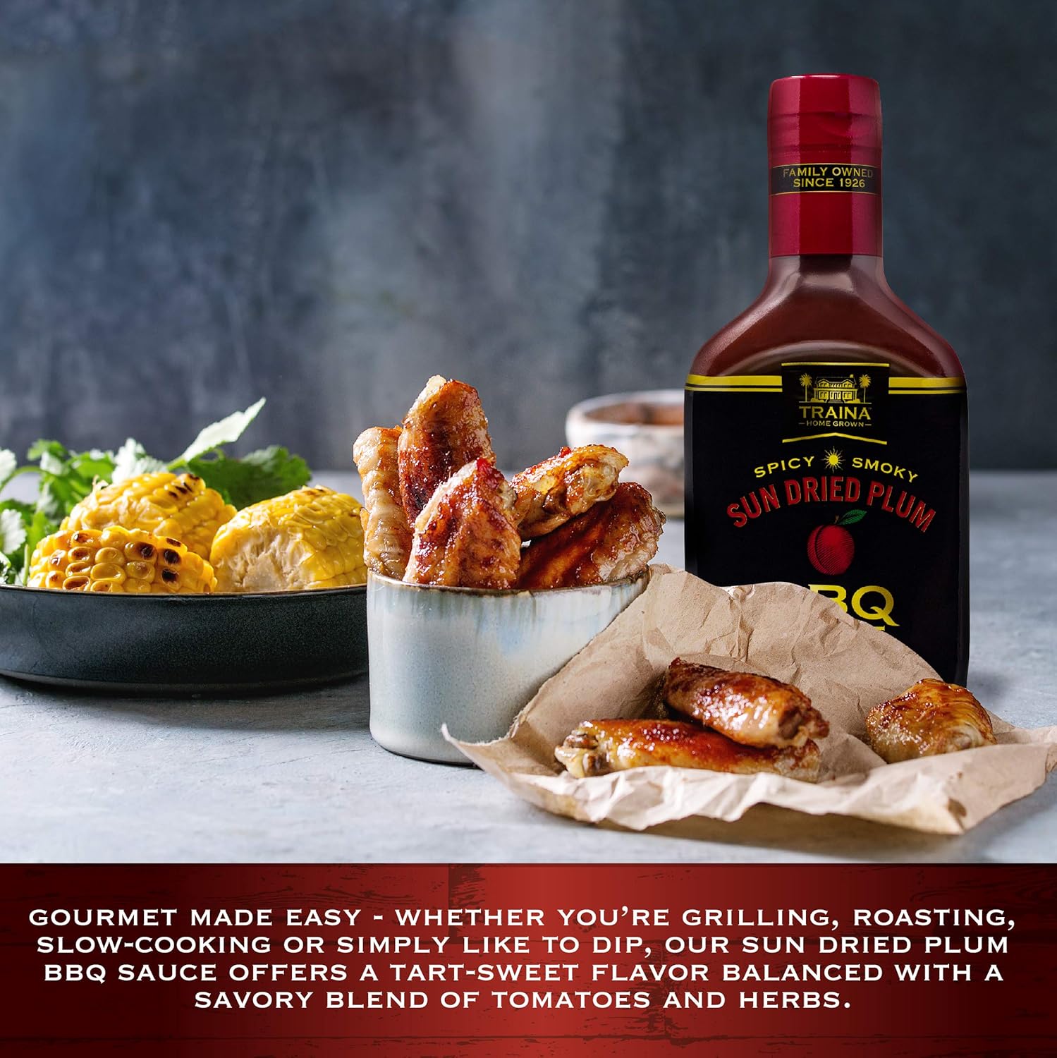 Traina Home Grown California Salsa de barbacoa de ciruela seca al sol, sin jarabe de maíz, sabor picante y ahumado, empaquetado en botella de 17