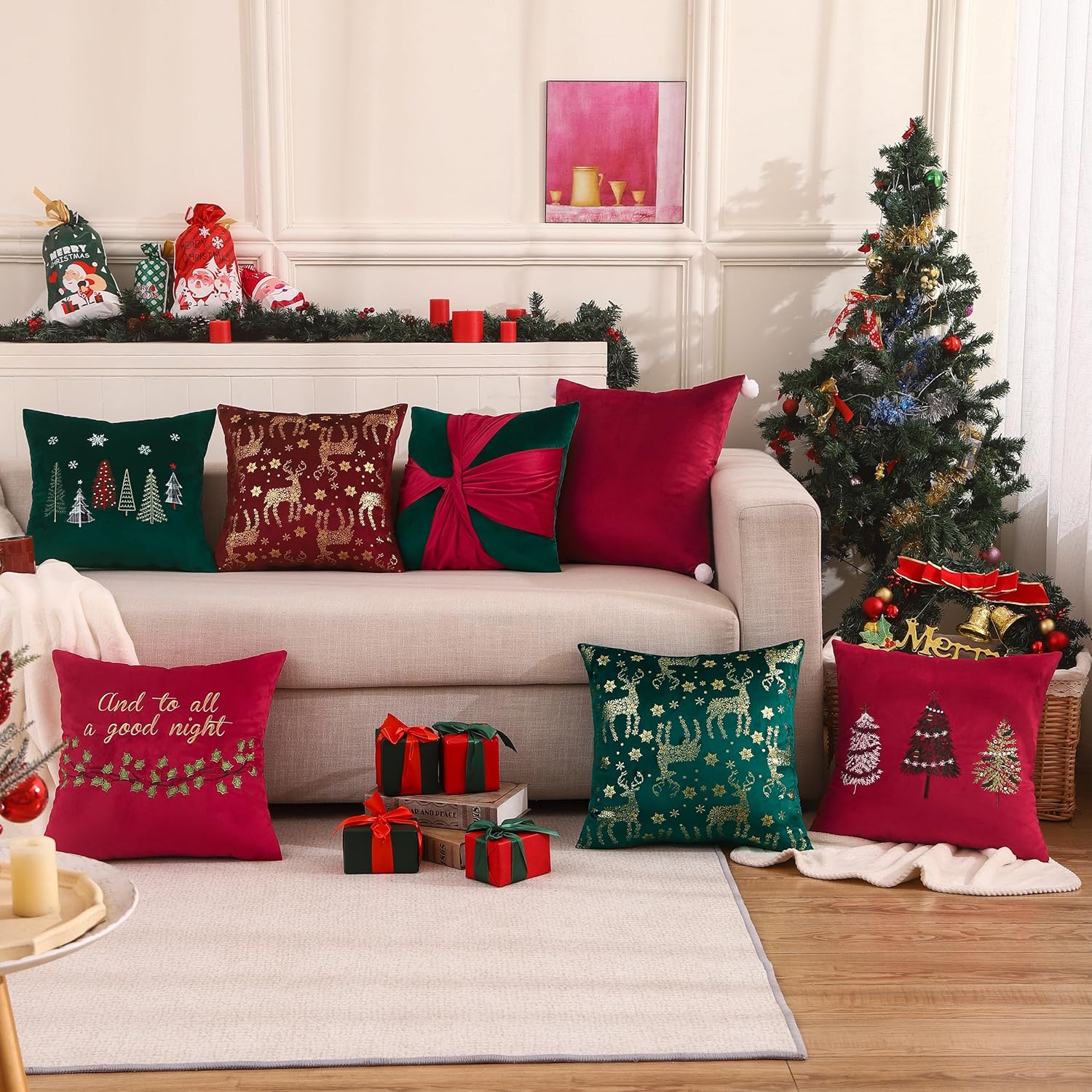 Tosleo Juego de 2 fundas de almohada de Navidad de 18 x 18 pulgadas, diseño de ciervo de Navidad color verde, decoración de Navidad, decoración roja