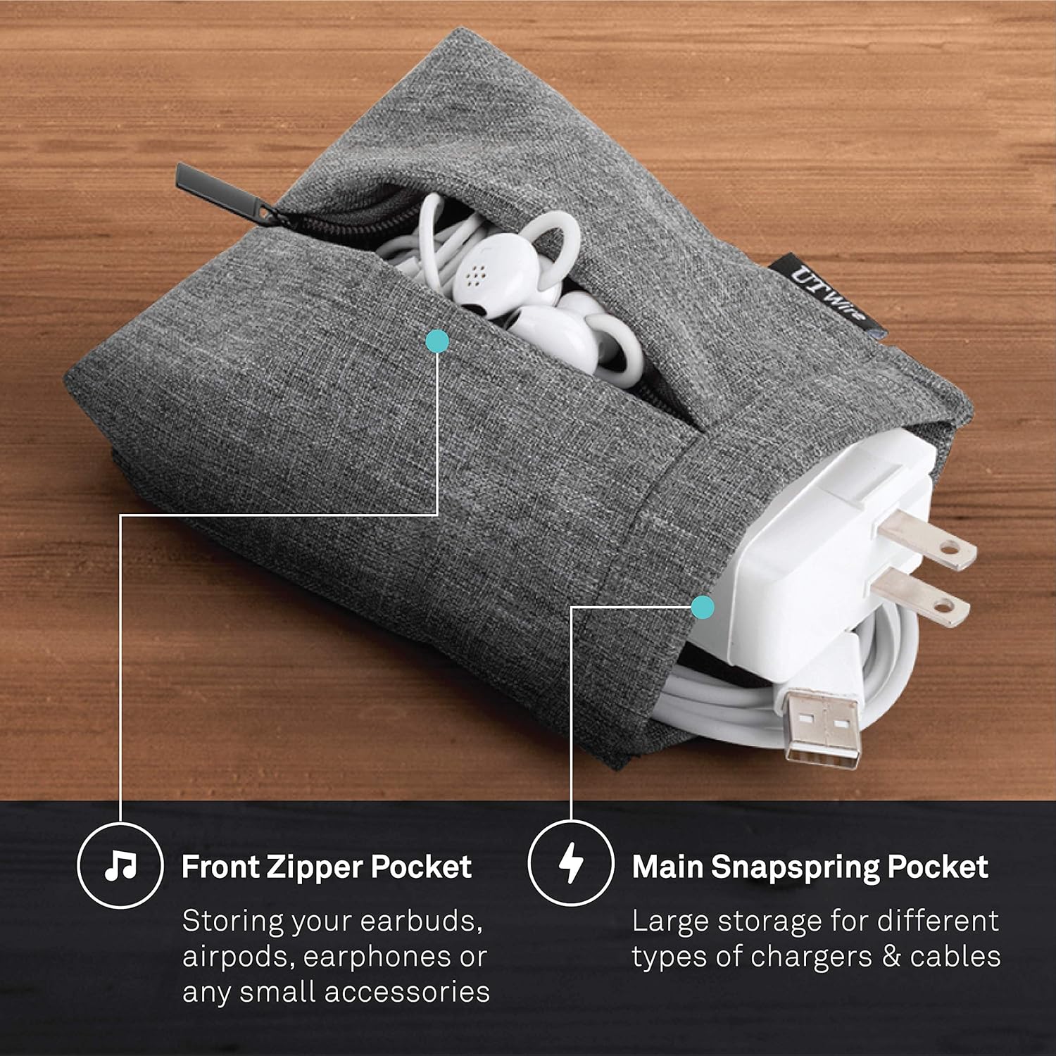 Bolsillo para auriculares y cargador Snap & Store Bolsa de viaje acolchada para accesorios AirPods Pro, auriculares en gris