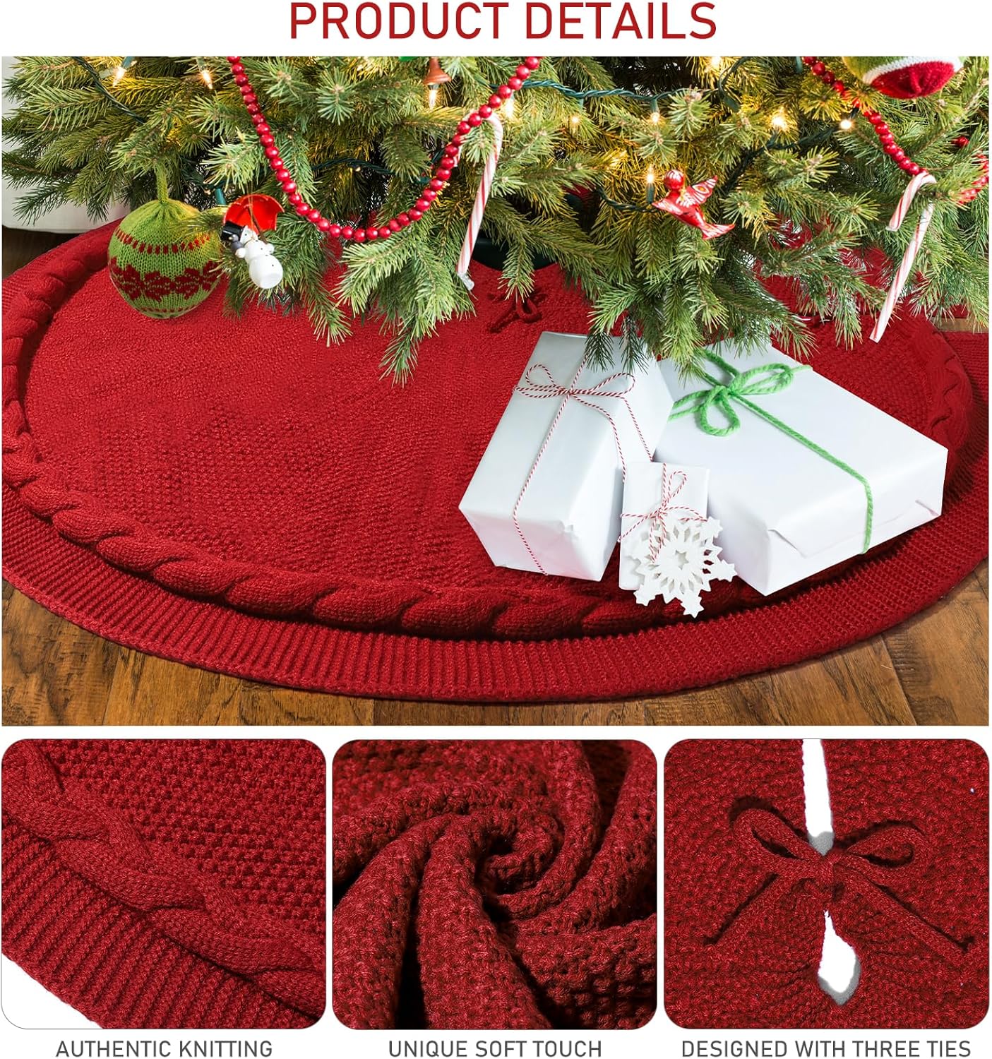 Falda de árbol de Navidad de punto de 48 pulgadas, falda de árbol de Navidad de punto trenzado rojo, decoración de falda de árbol de Navidad rústica