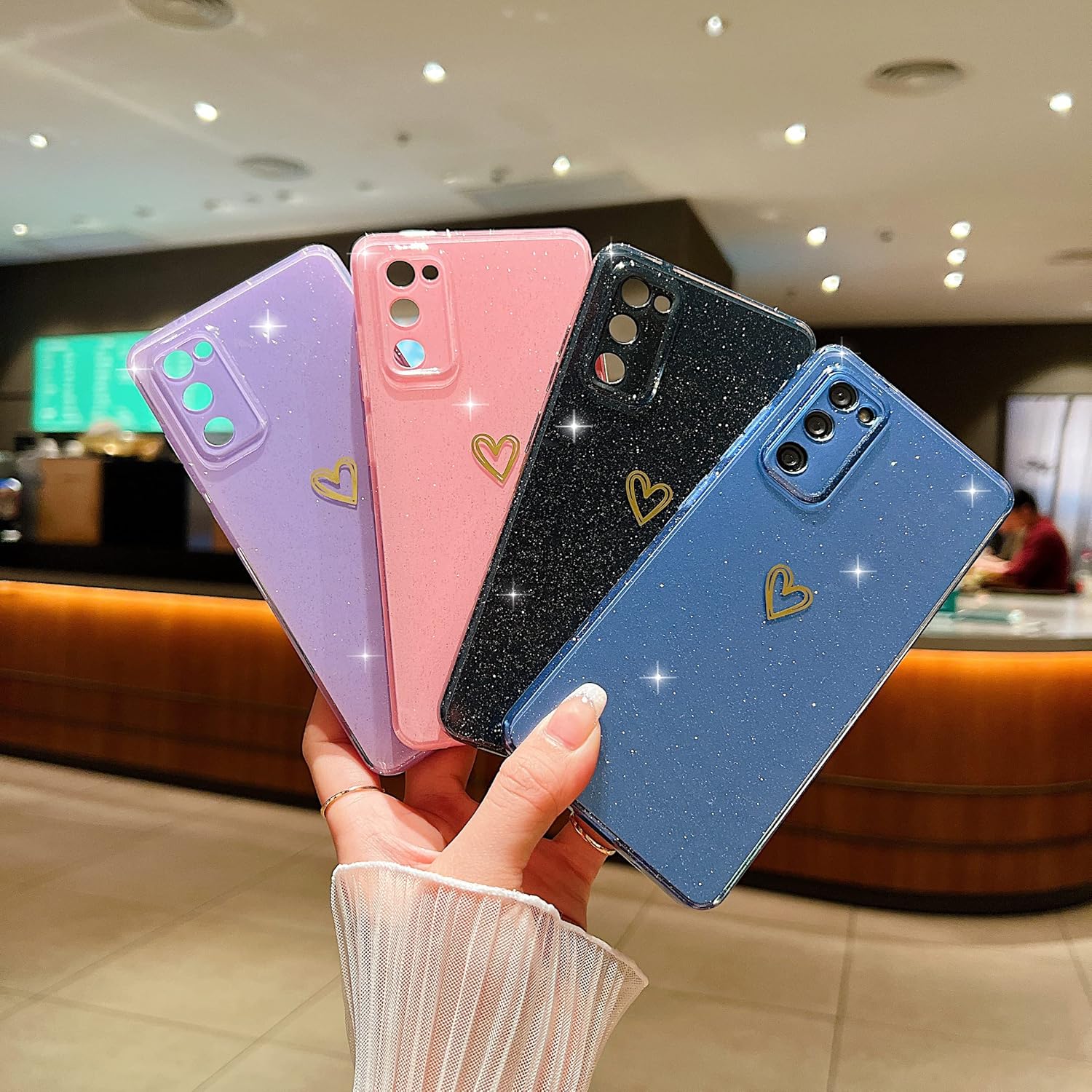 Funda compatible con Samsung Galaxy S20 FE 5G, diseño de corazón de amor, TPU suave a prueba de golpes, funda protectora brillante con purpurina