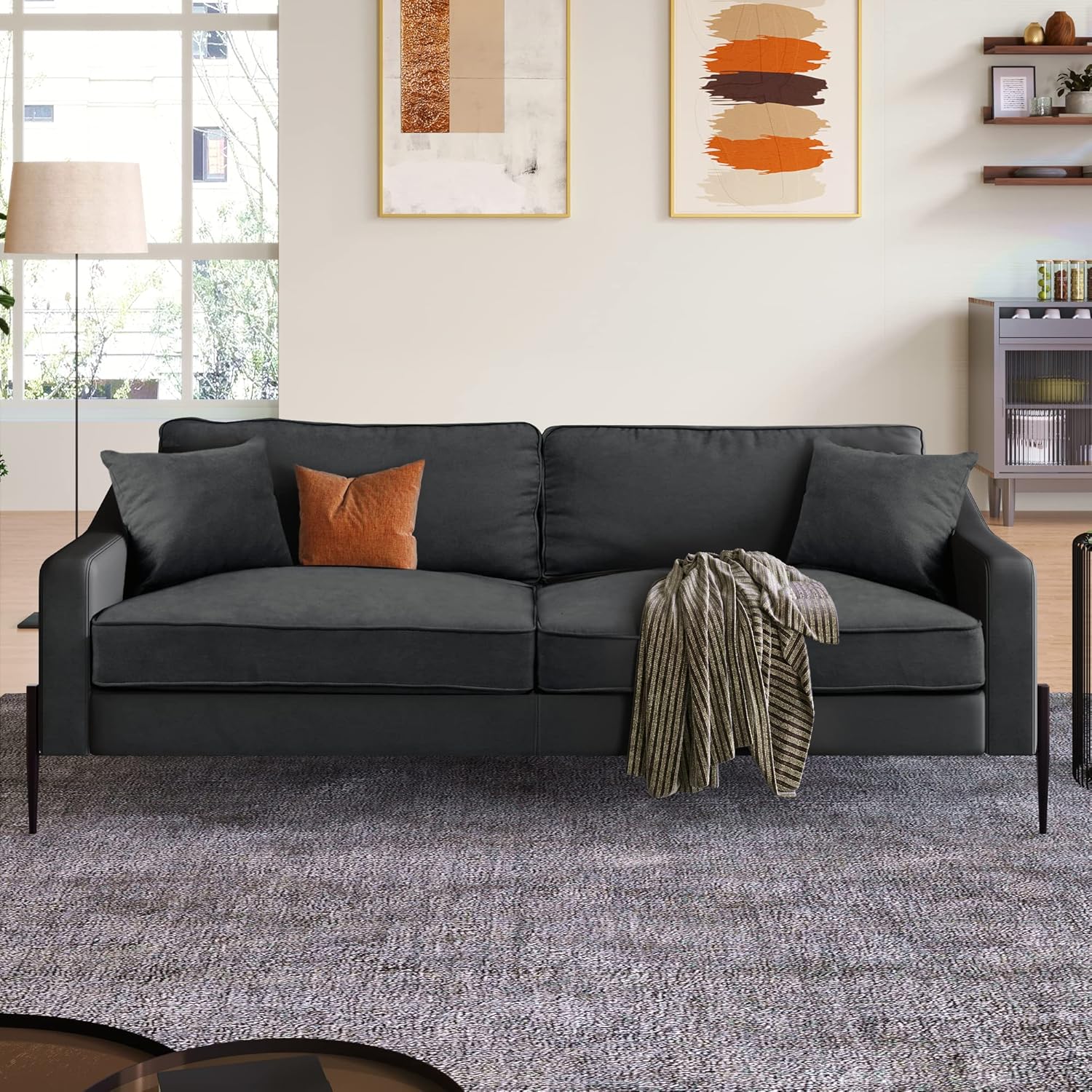 Merax Sofá de dos plazas tapizado moderno con patas de metal, duradero con 2 almohadas, capacidad de asiento para 2-3 personas, 2 plazas, gris