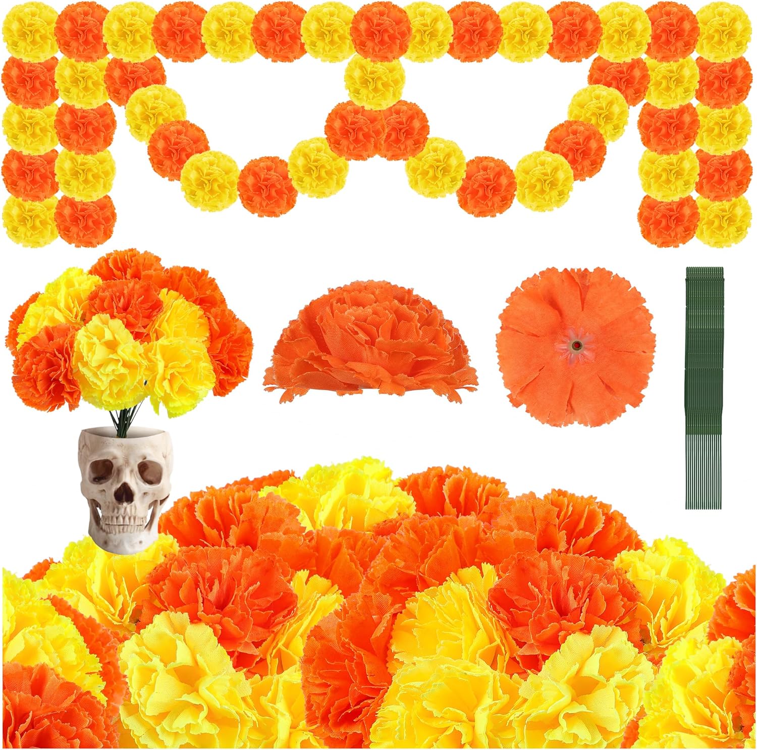 50 piezas de flores artificiales de caléndula de seda naranja amarillo flores para el Día de los Muertos Diwali decoración del hogar temática india