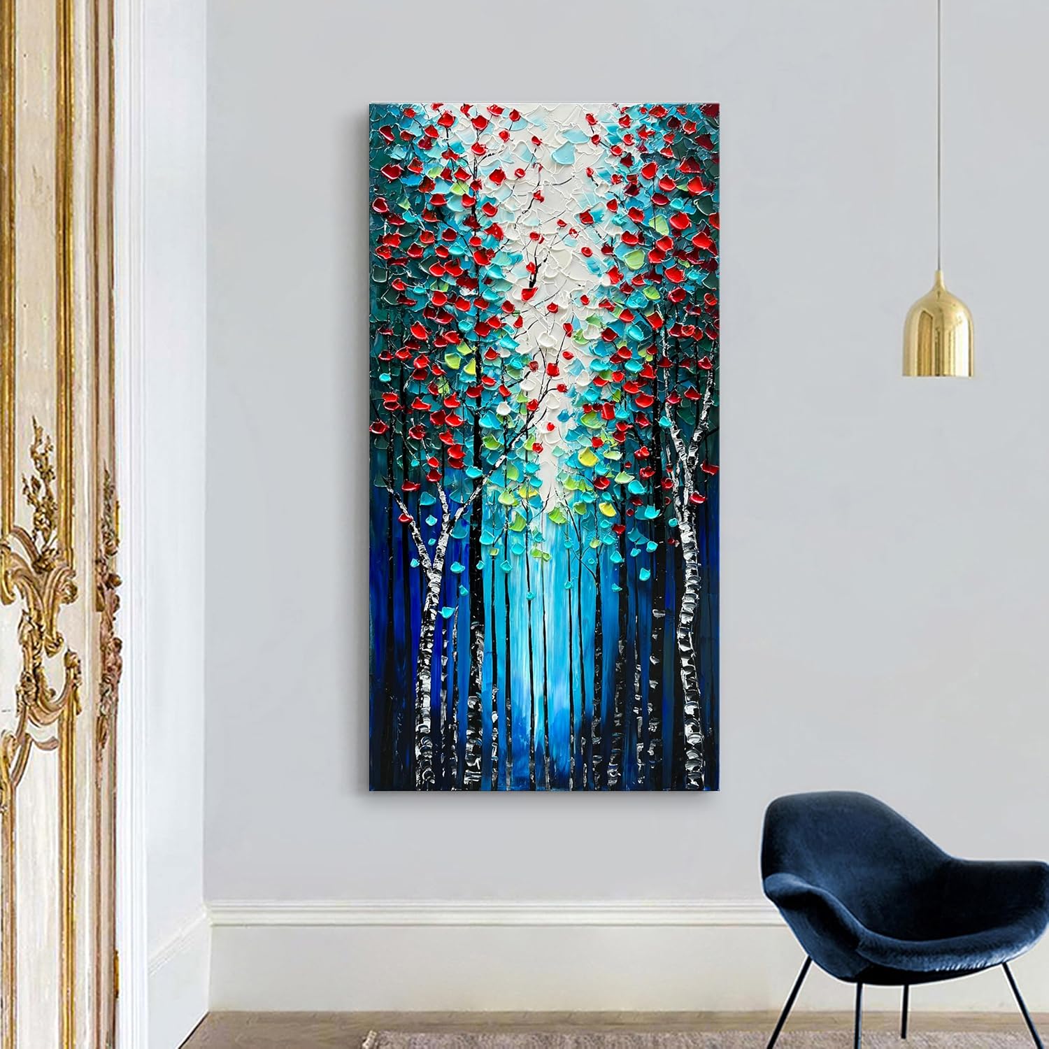 Diathou Paisaje forestal pintado a mano, pintura al óleo, azul oscuro, lienzo vertical, grande, arte de pared, 46 x 23 pulgadas, pintura al óleo,