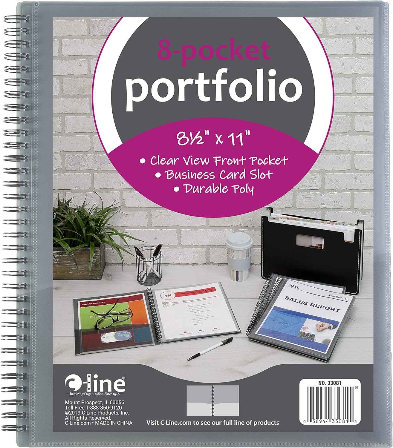C-Line Portafolio de poliéster encuadernado en espiral de 8 bolsillos, tamaño carta, 1 portafolio, gris humo (33081)