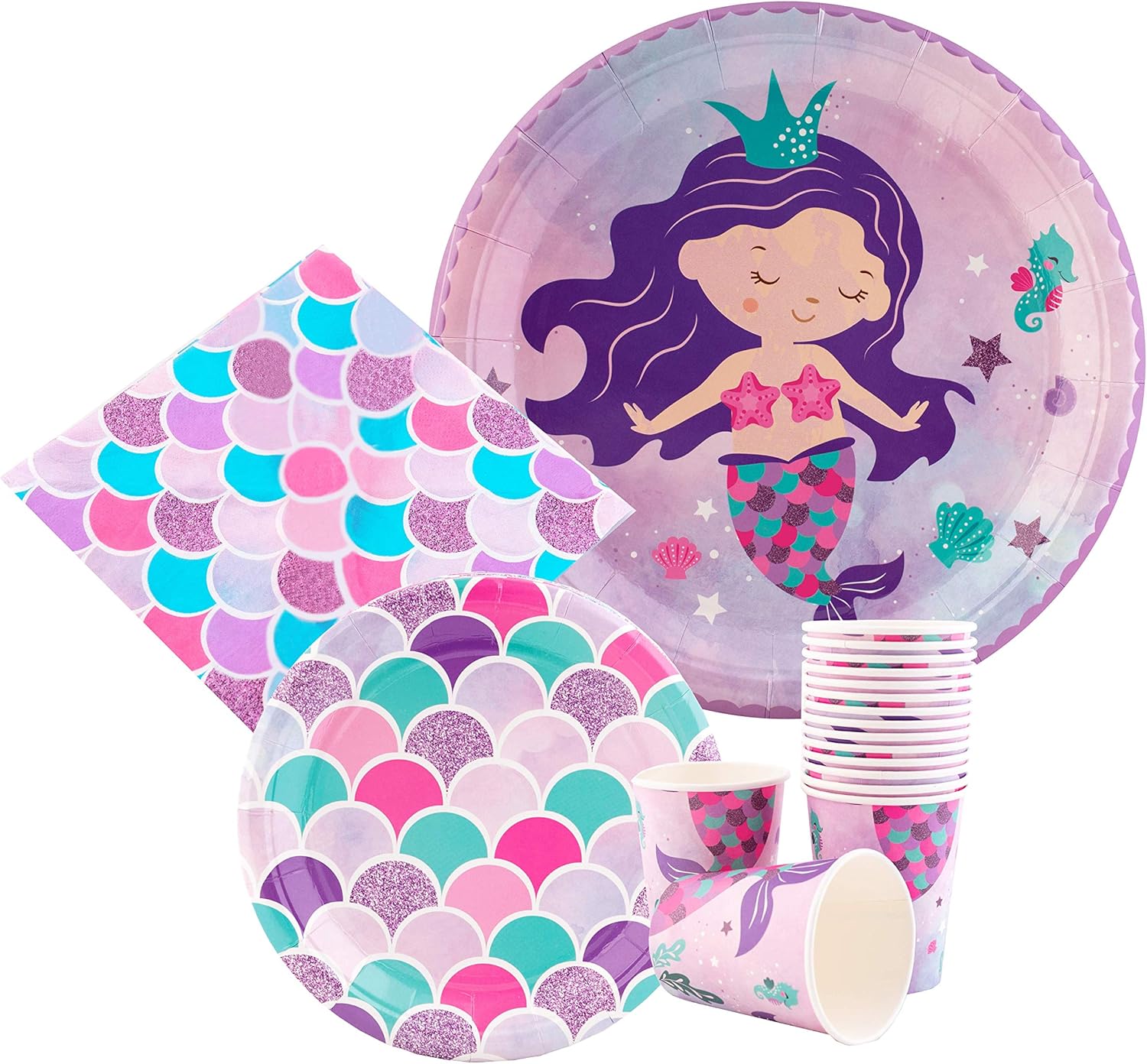Platos y tazas de sirena y servilletas para 16 invitados  16 platos de papel grandes, platos pequeños, vasos, servilletas  Decoraciones de