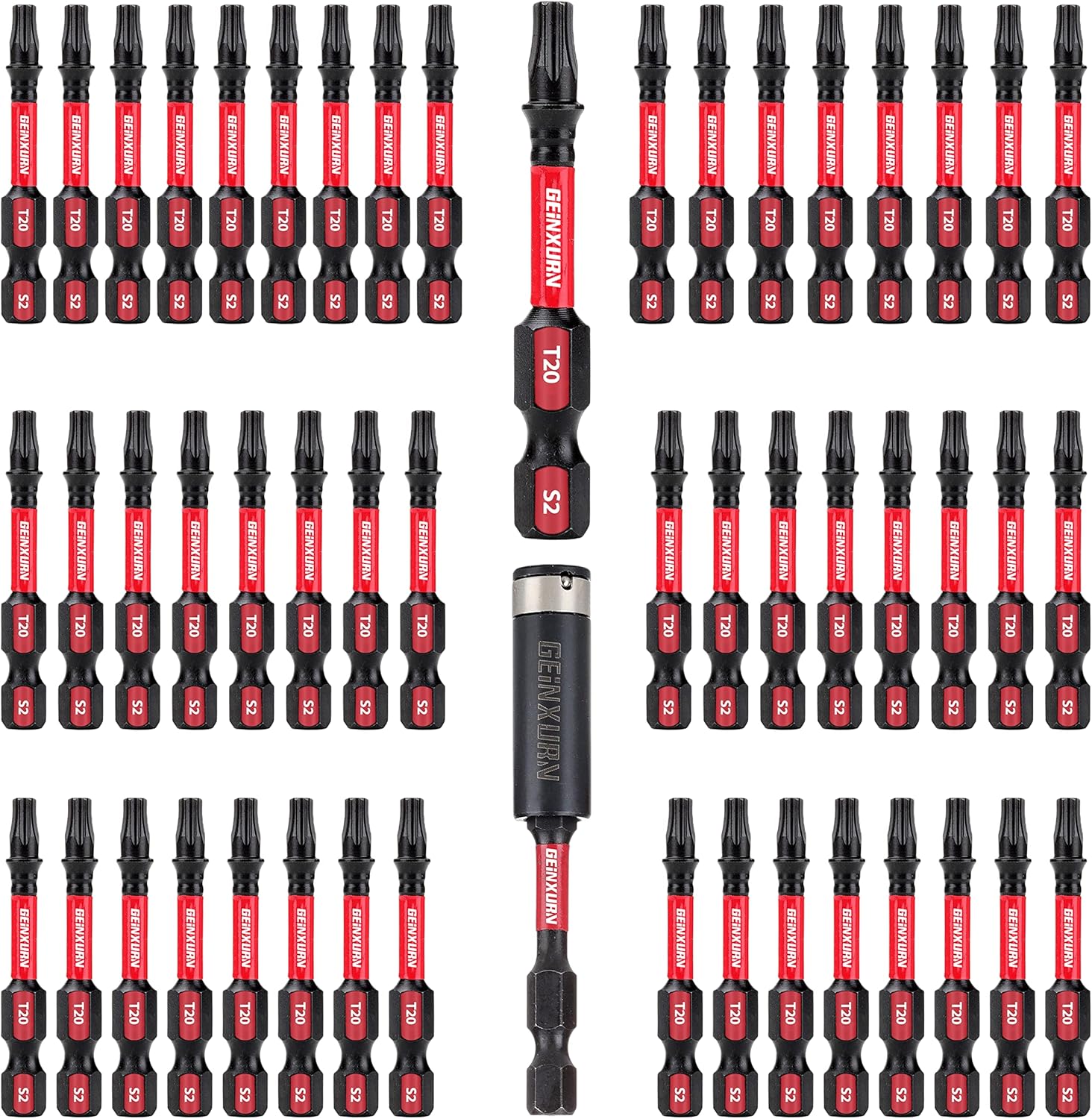 GEINXURN Juego de 50 brocas de potencia T20 de 2 pulgadas con cabeza Torx magnética #20, juego de puntas de destornillador T20 de acero de aleación