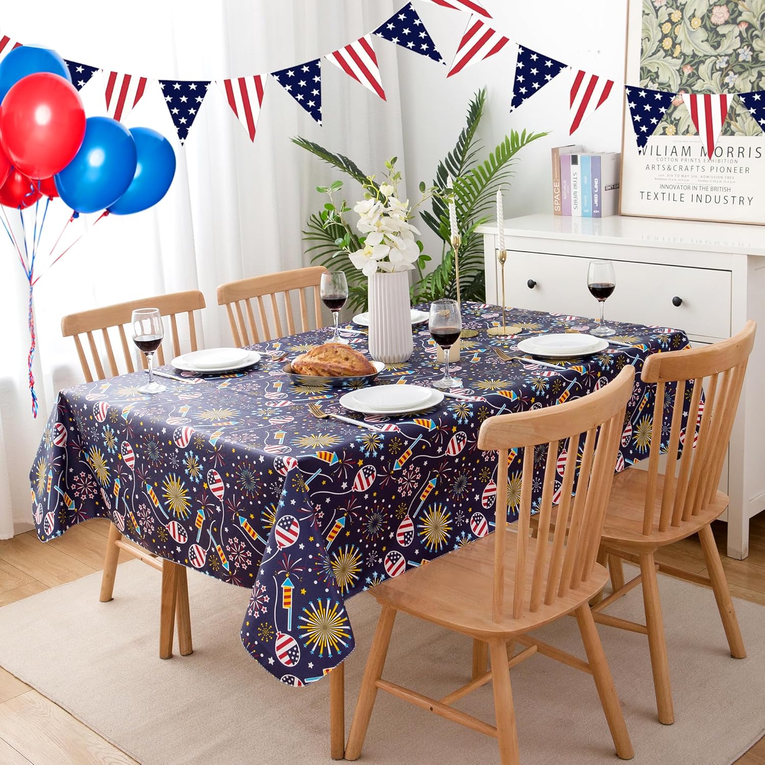 4th of July Table Cloth Vinyl Tablecloth 60×84 Inch Rectangular-Plastic Memorial Day Table Cover Printed with Fireworks and Balloons for Patriotic