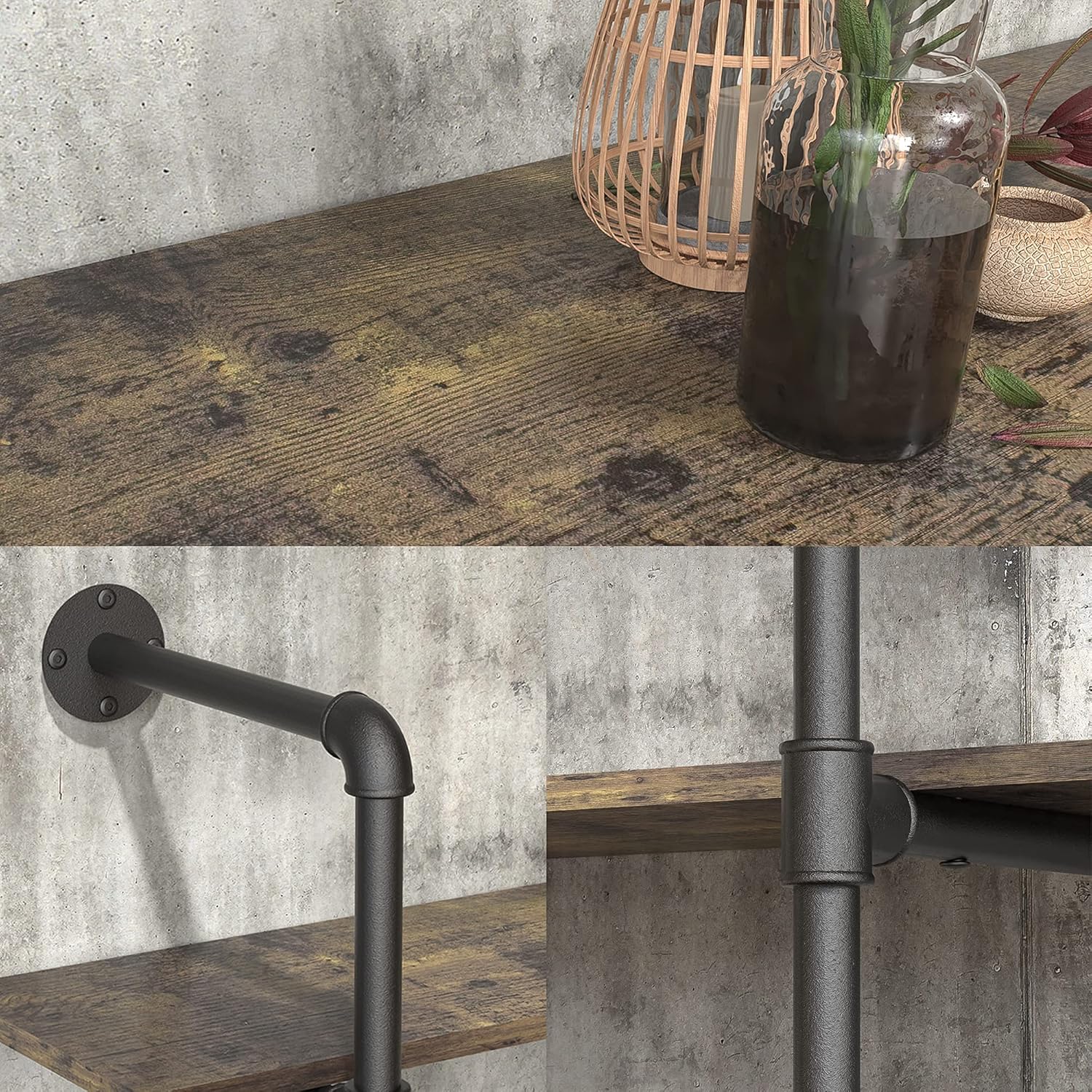 Gezen Estantería industrial de tubería flotante de metal, estantería de escalera de madera rústica, estante montado en la pared, estantería de