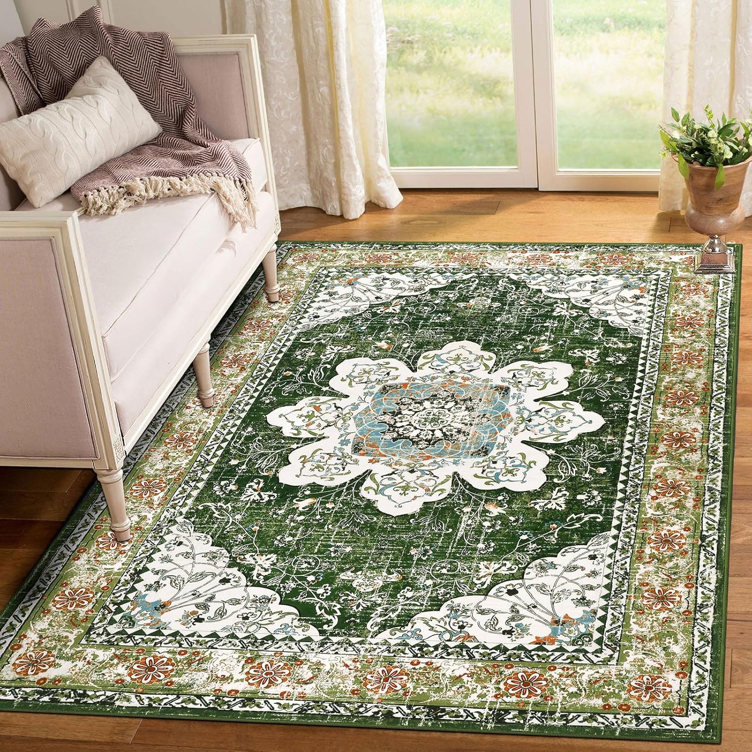 Ileading Alfombra bohemia vintage de 4 x 6 pies, lavable a máquina, de pelo bajo, no desprende pelusa, antideslizante, para dormitorio, comedor,