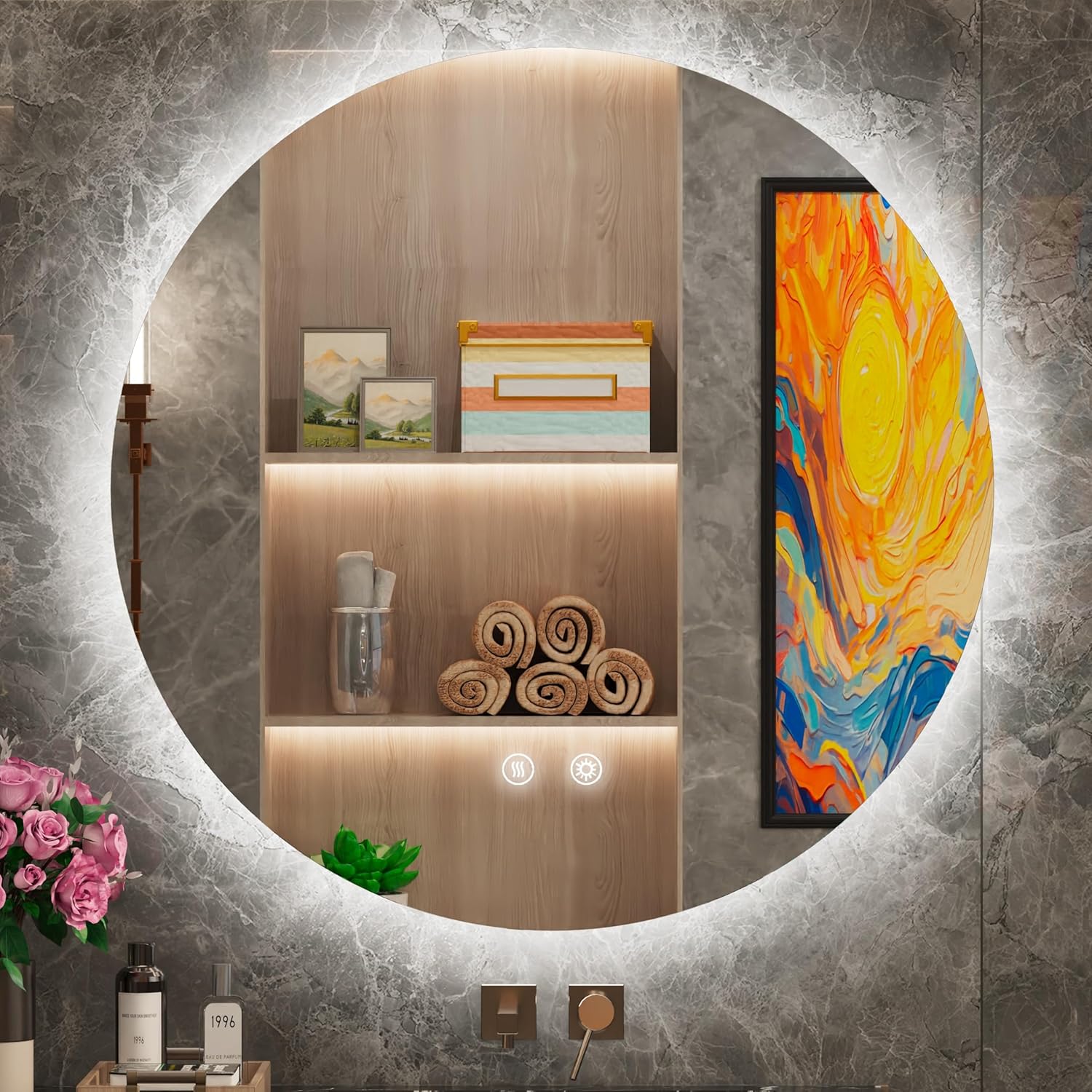 Espejo LED redondo, espejo LED retroiluminado redondo de 32 pulgadas, espejo de tocador de baño con luces, espejo de maquillaje iluminado circular