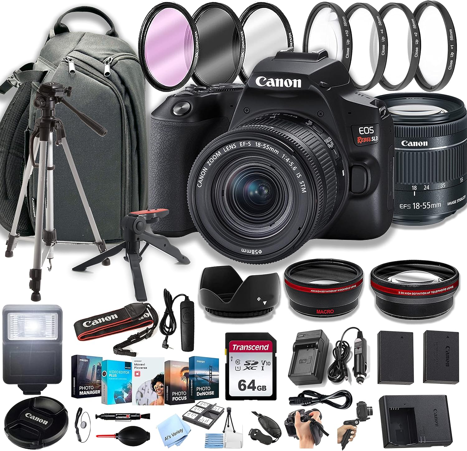 Canon EOS Rebel SL3 Cámara DSLR con lente EF-S de 0.709-2.165 in F4-5.6 STM Zoom + mochila 100S + tarjetas de memoria de 64 GB, paquete de fotos