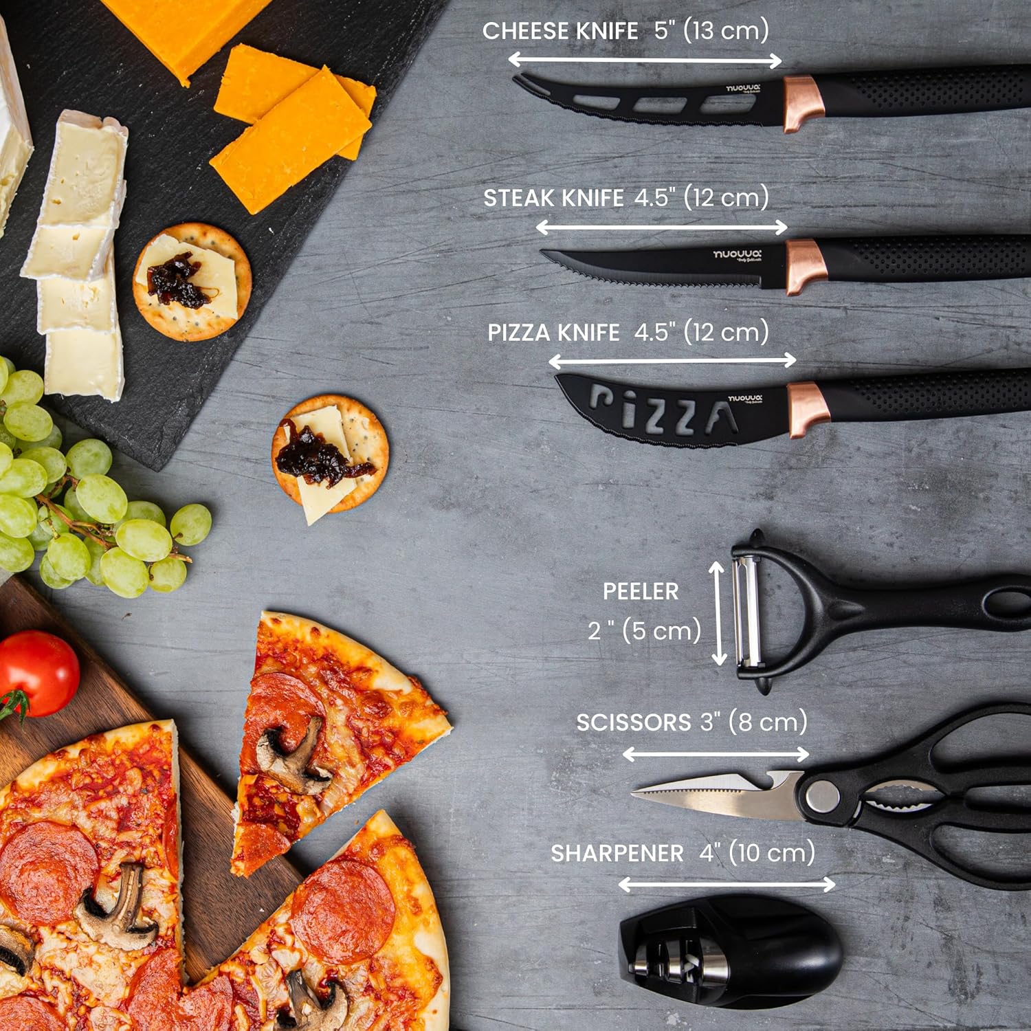 nuovva Juego de cuchillos de cocina profesionales con bloque, juego de cuchillos de cobre de 17 piezas con cuchillos para carne, bloque de acrílico