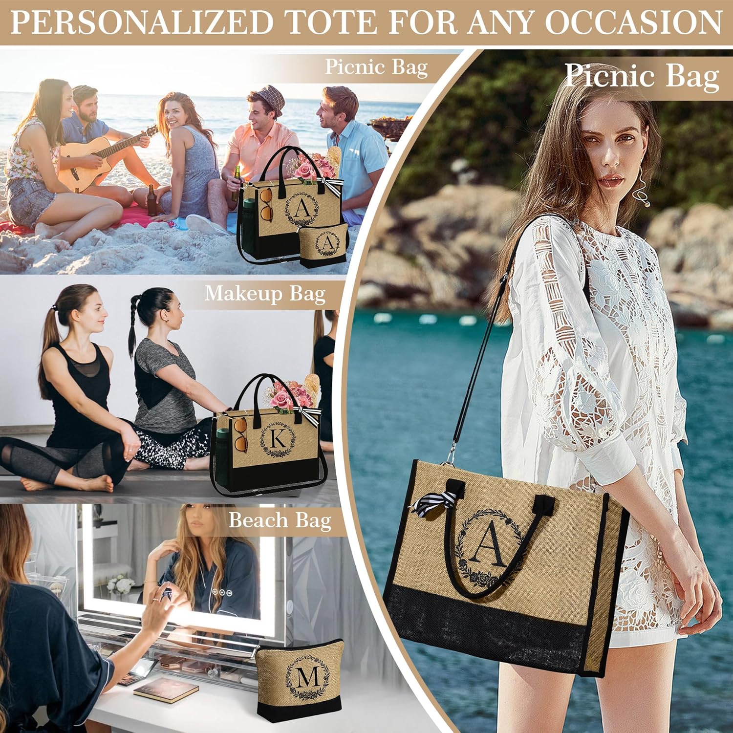 Bolsa de yute personalizada con monograma y bolsa de maquillaje, regalos para mujeres, mamá, amiga, dama de honor, cumpleaños
