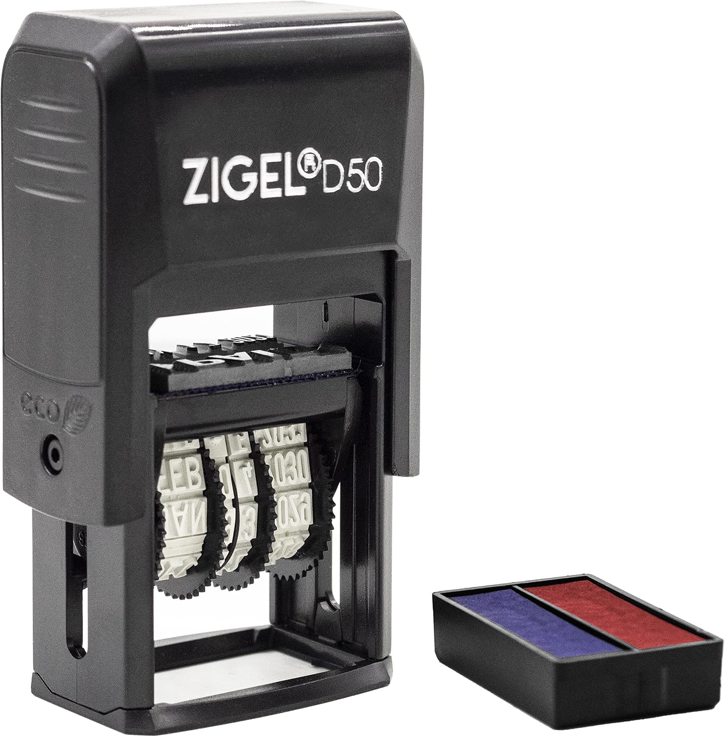 ZIGEL Sello de fecha D50 con escaneado – Sello de fecha autoentintado – AzulRojo