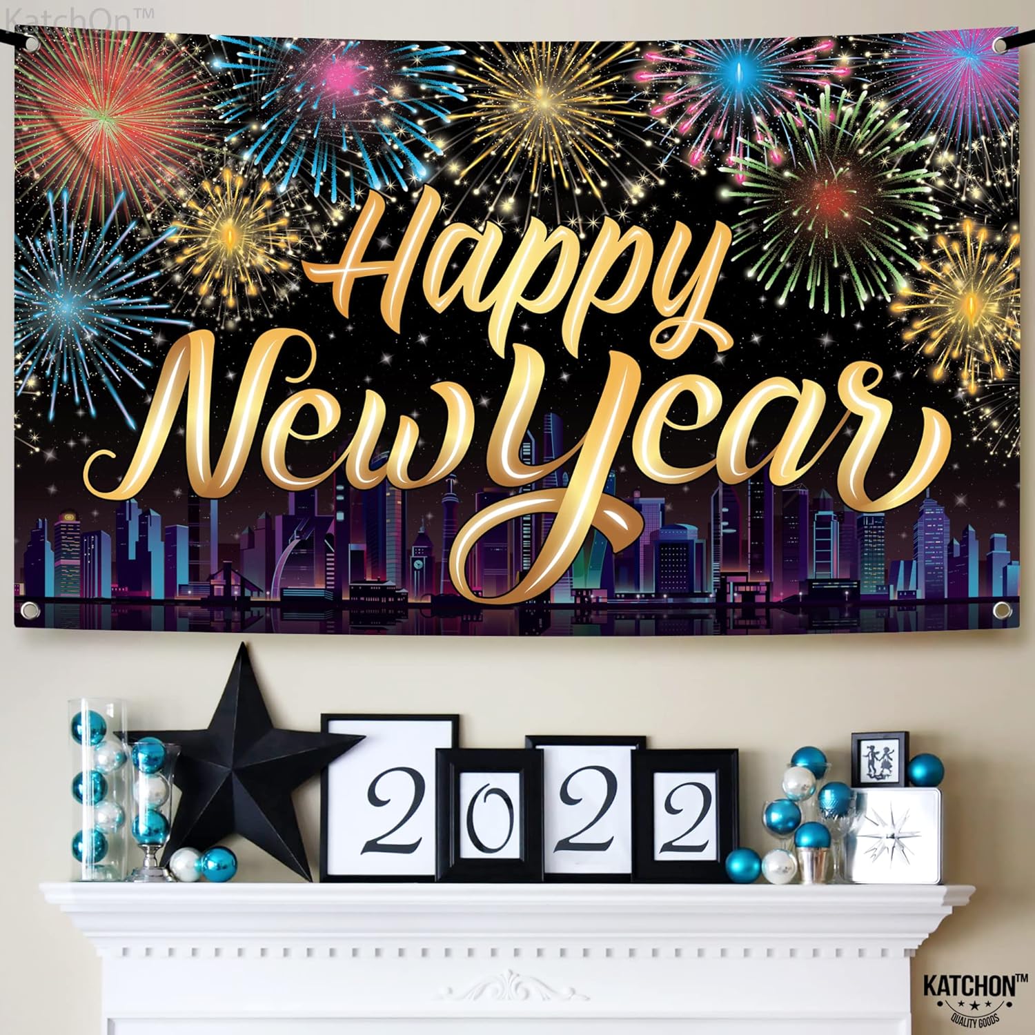 KatchOn, XtraLarge – Cartel de feliz año nuevo, 72 x 44 pulgadas, decoraciones de feliz año nuevo 2024, telón de fondo de fuegos artificiales de Año