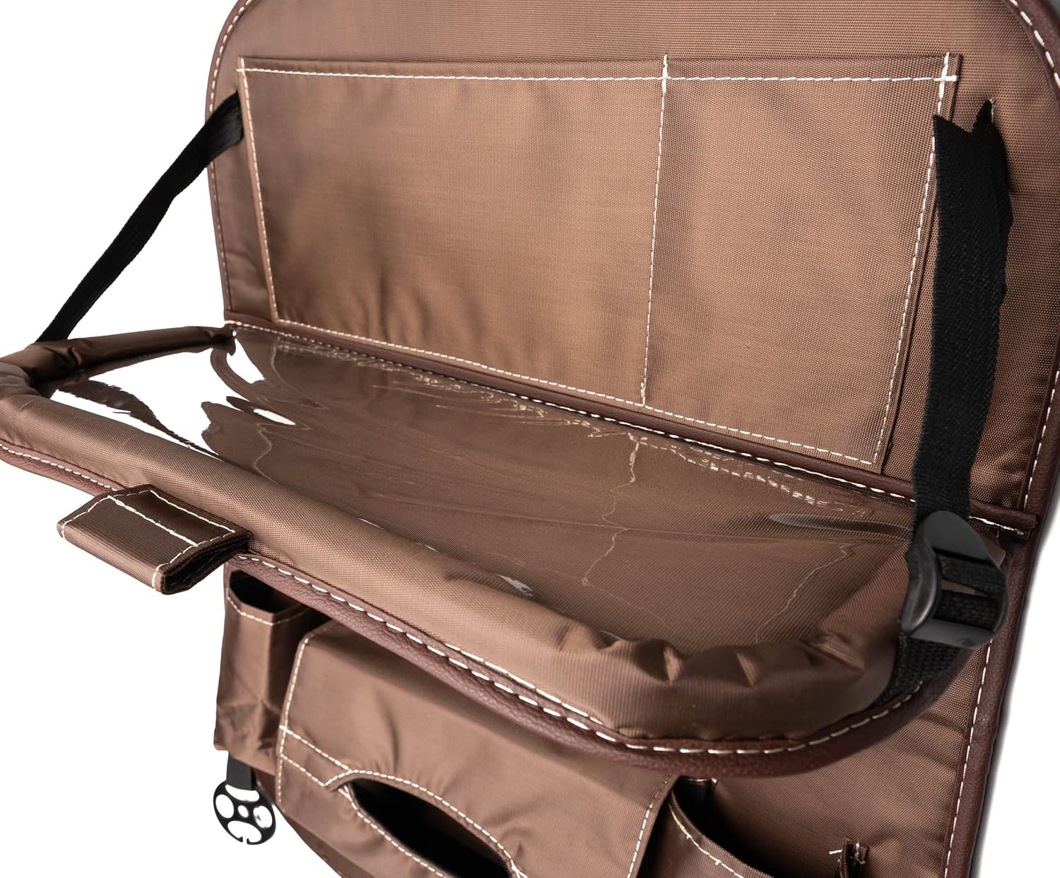 Organizador de asiento de automóvil resistente con bandeja de mesa plegable, soporte para tableta, 9 bolsillos de almacenamiento, protectores de