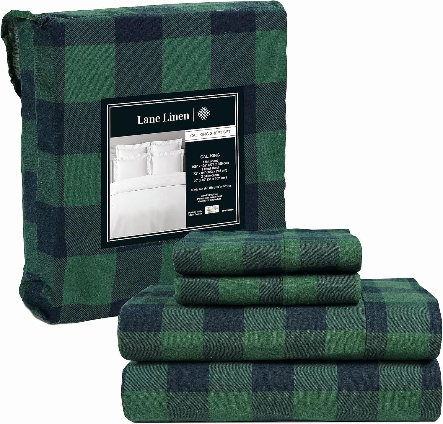 LANE LINEN Juego de sábanas de franela de 100 % algodón de 4 piezas, tamaño California King, ropa de cama ligera, cepillada para mayor suavidad,
