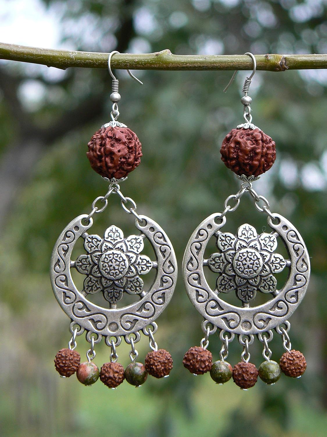 Mandala Earrings with Rudraksha Beads and Unakite Stones – Handmade, Shakti flower, Real 5 Mukhi Rudraksh Seed, Saraswati Festival Jewelry, Hippie