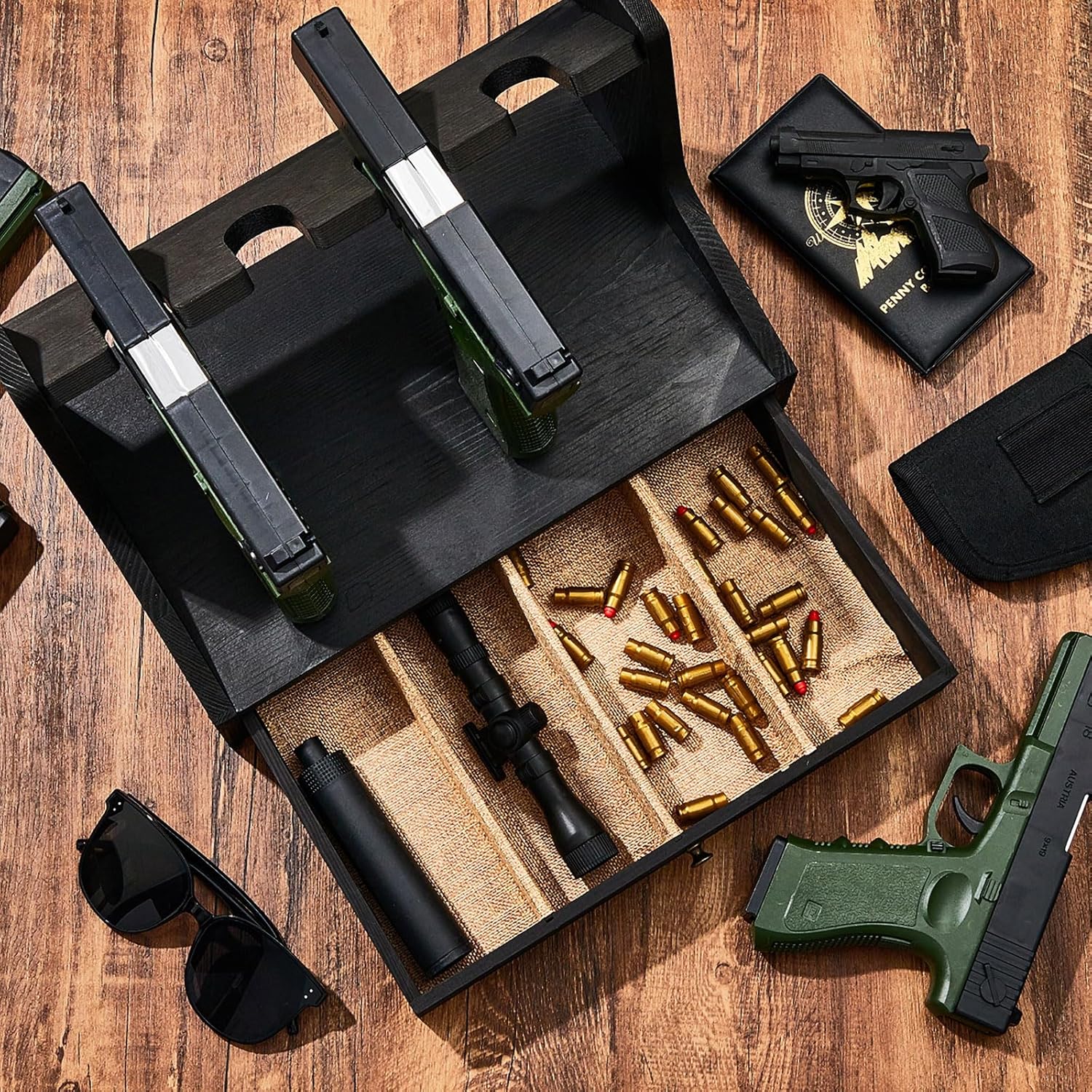 Pinkunn Paquete de 2 soportes para pistolas para almacenamiento de armas, de madera maciza, soporte para pistolas de madera real, soporte de