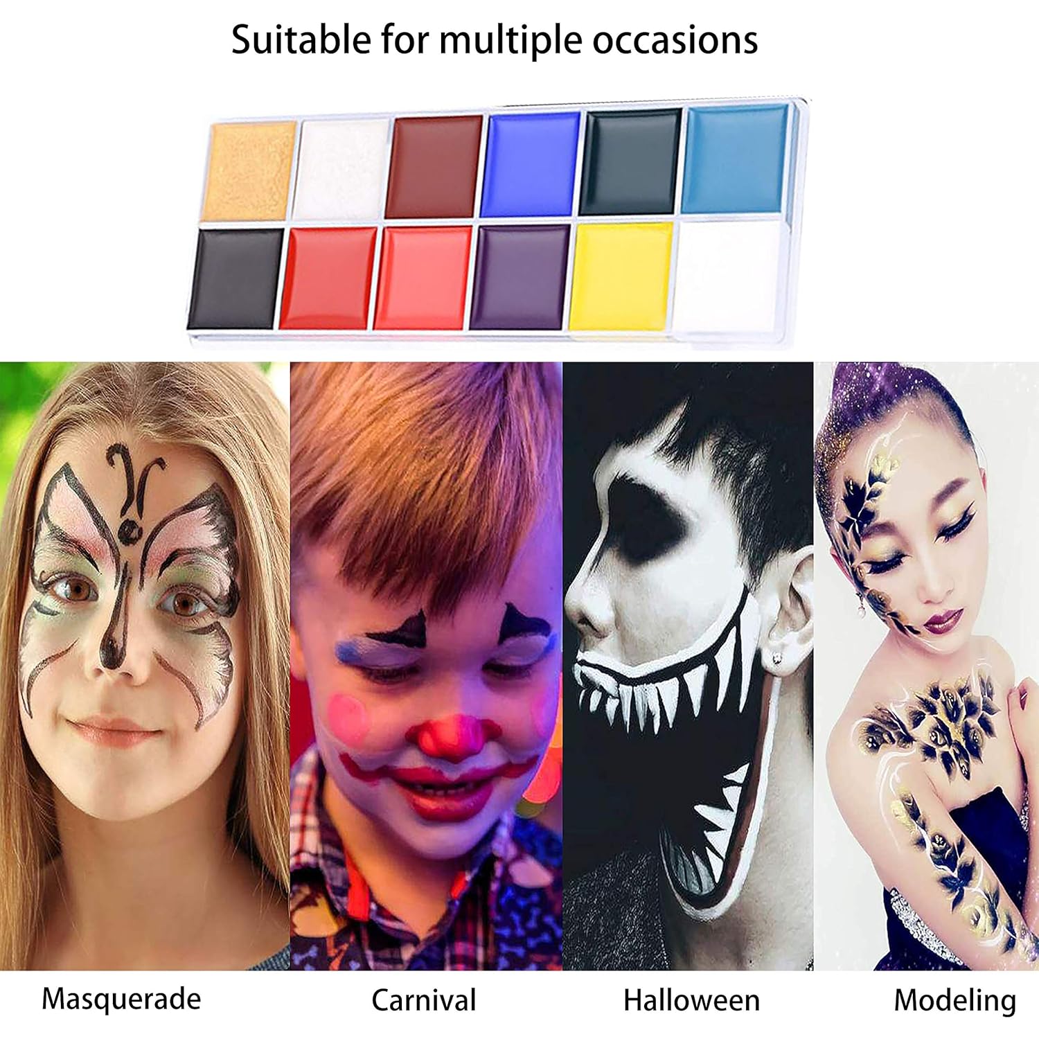 Belleza profesional 12 colores cara cuerpo pintura, kit de paleta de pintura facial, fiesta para celebrar Halloween SFX efectos especiales disfraz