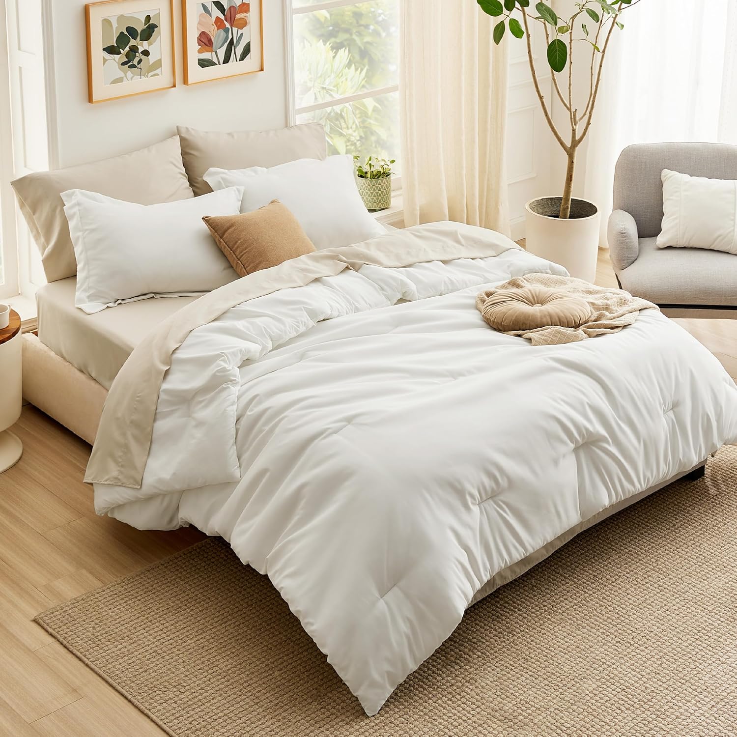 Bedsure Juego de edredón blanco tamaño King, 7 piezas, ligero, bohemio, cama en una bolsa con edredón, sábanas, fundas de almohada y fundas de