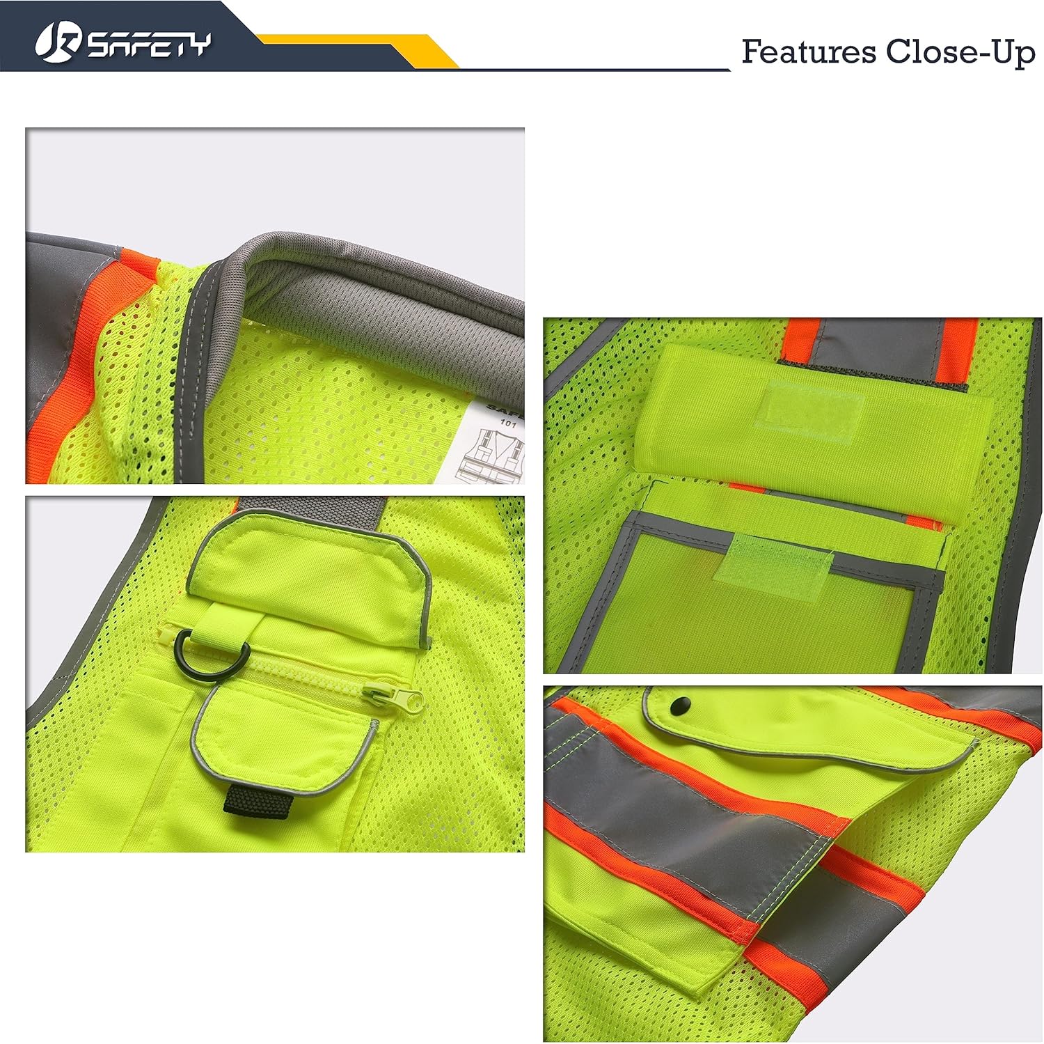 JKSafety Chaleco de seguridad de alta visibilidad con 9 bolsillos, tela de malla transpirable, cuello acolchado, utilidad de trabajo, equipo de