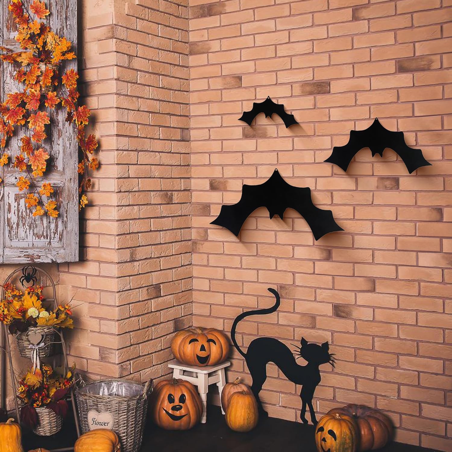 BVLFOOK Decoración de pared de murciélagos, 3 piezas de murciélagos de metal, decoración de Halloween, calcomanías colgantes para decoración del