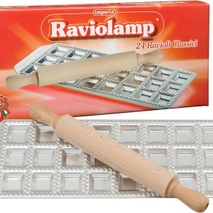 Imperia – Bandeja de mini ravioles con rodillo de madera – Acero inoxidable italiano – Hace 24 mini cuadrados (127-24) – Accesorio para hacer pasta Imperia – Bandeja de mini ravioles con rodillo de madera – Acero inoxidable italiano – Hace 24 mini cuadrados (127-24) – Accesorio para hacer pasta