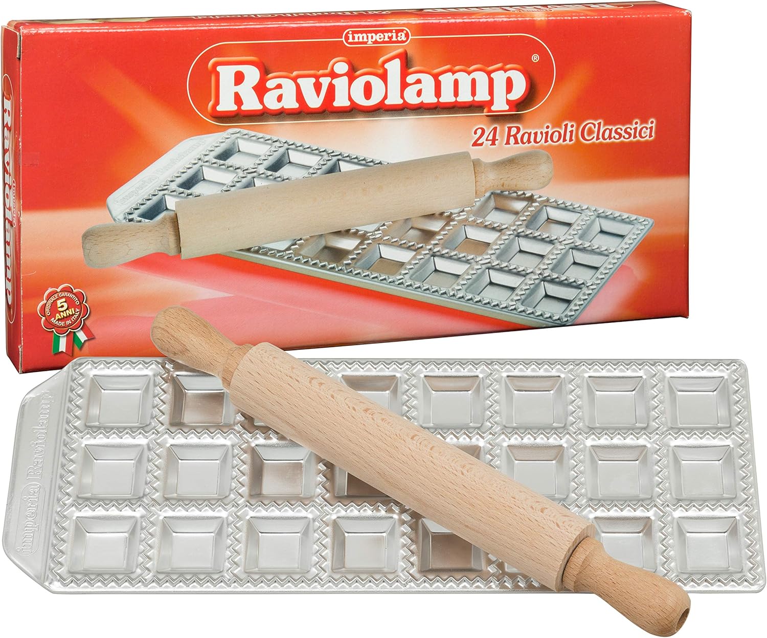 Imperia – Bandeja de mini ravioles con rodillo de madera – Acero inoxidable italiano – Hace 24 mini cuadrados (127-24) – Accesorio para hacer pasta