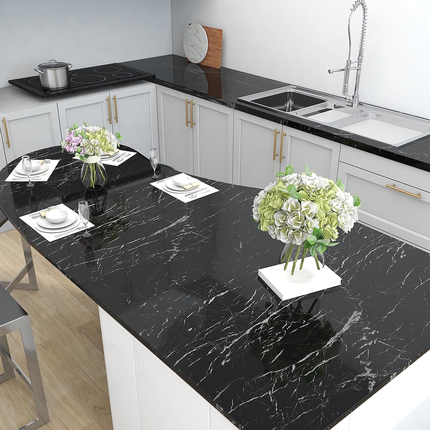 Dzhuywer Papel tapiz de mármol negro, papel adhesivo de granito negro, autoadhesivo, extraíble, impermeable, papel de pared de mármol brillante para