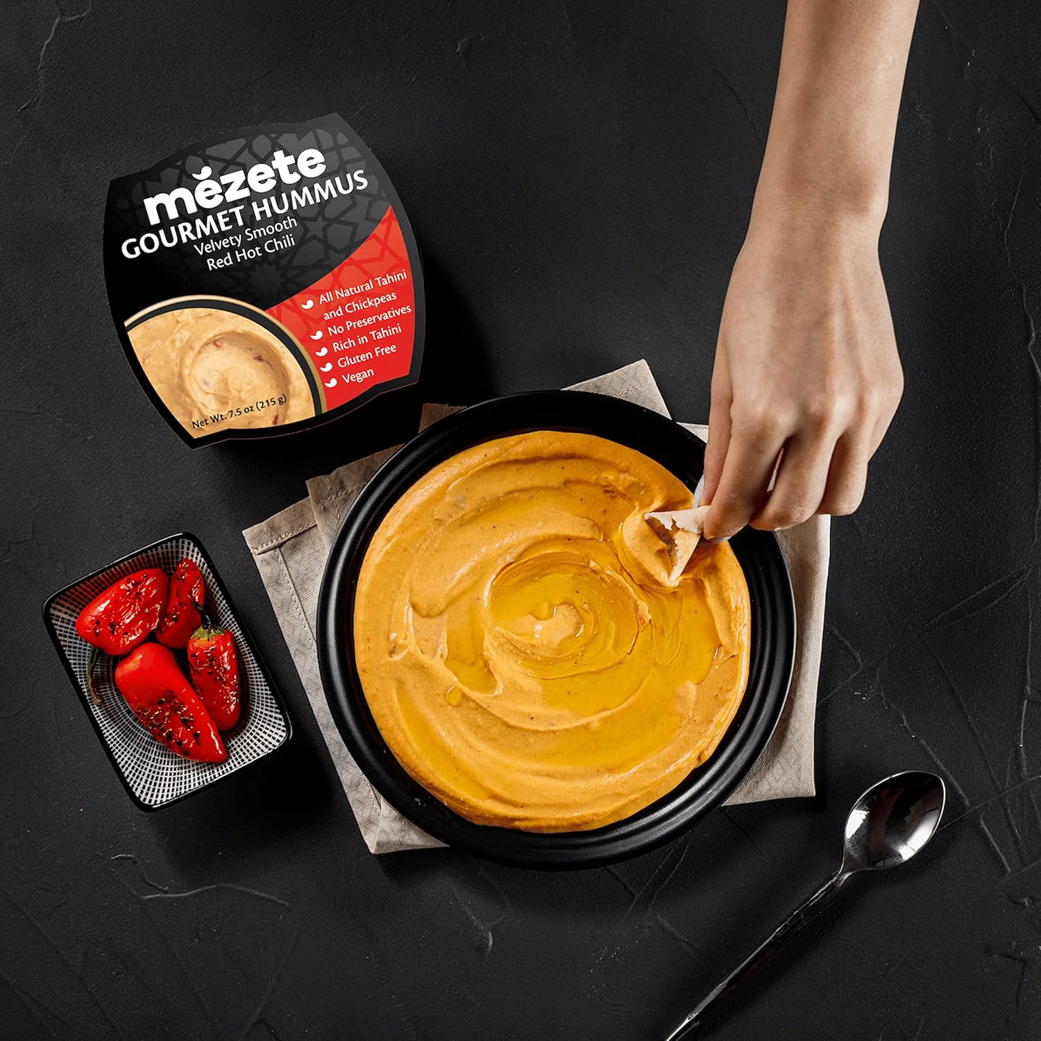 Mezete Hummus de chile rojo vivo, 100% totalmente natural, salsa vegana rica en Tahini sin conservantes, sin gluten, estable en el estante y no