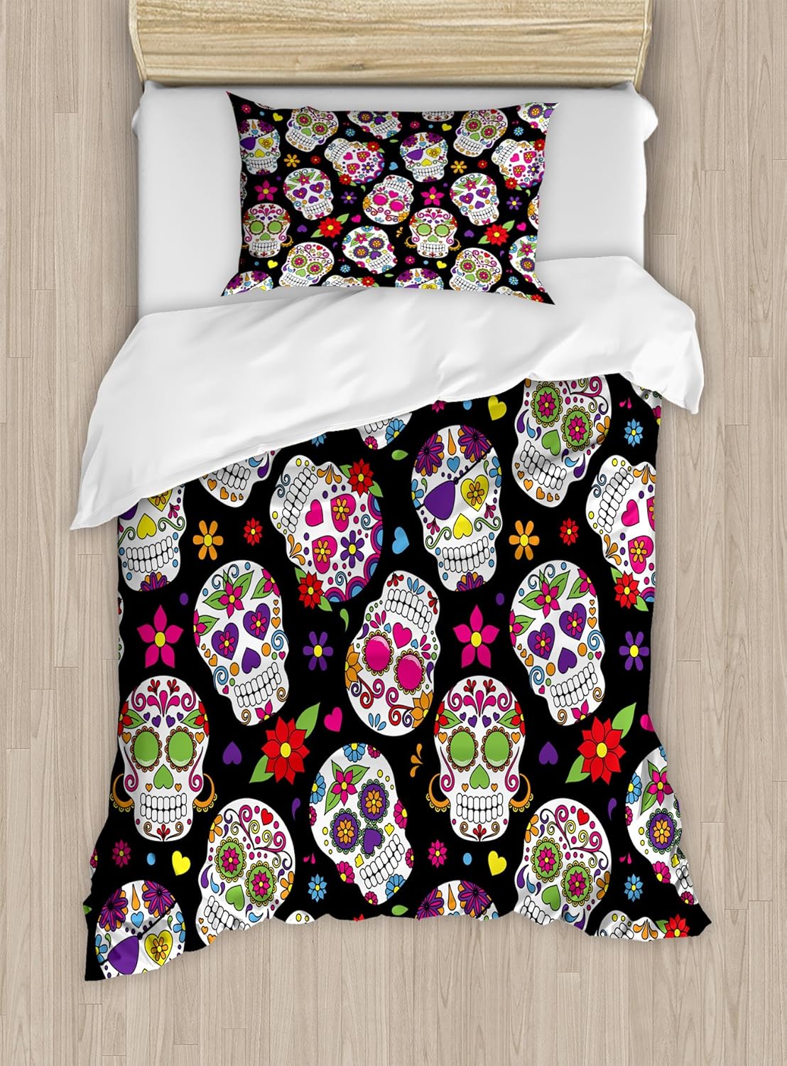 Ambesonne Juego de funda de edredón de calavera de azúcar, diseño de cementerio mexicano sobre fondo negro, juego de ropa de cama decorativo de 2